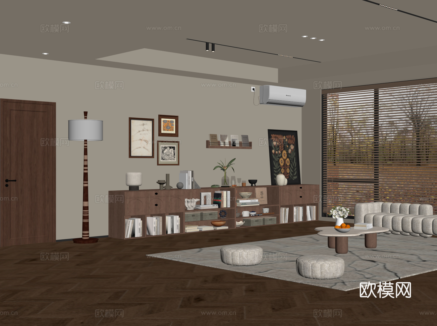 现代中古风客厅 沙发茶几组合 矮柜 书柜su模型