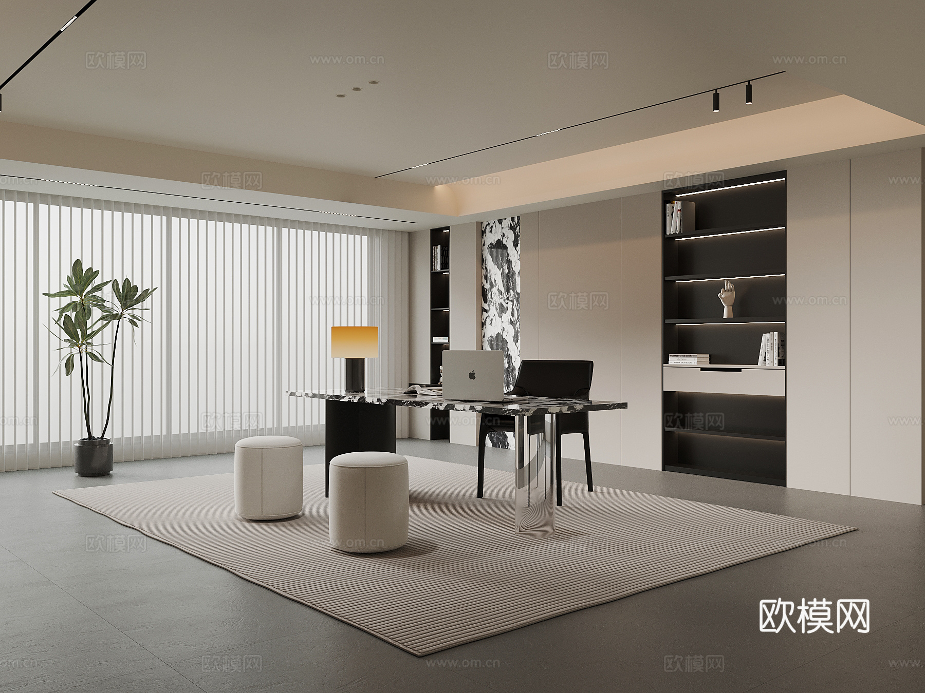 现代书房 书桌椅 书柜 置物柜su模型