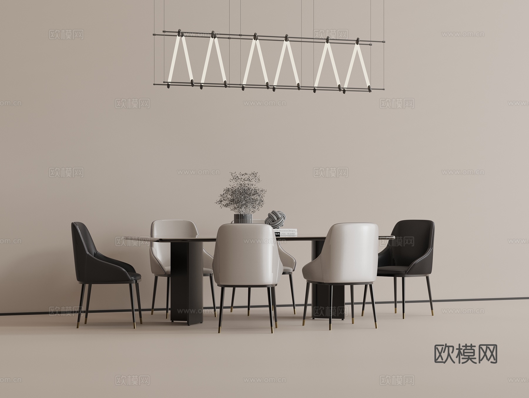 现代餐桌椅组合 现代长桌 休闲餐椅 皮质餐椅 现代吊灯su模型