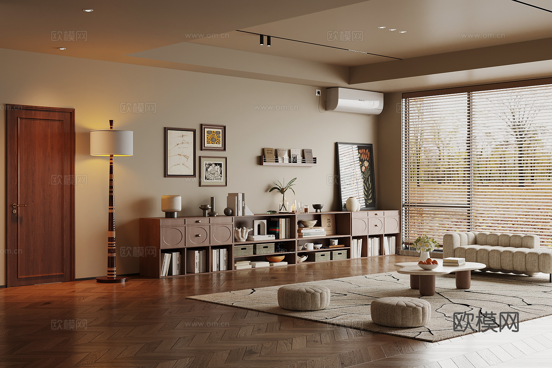 现代中古风客厅 沙发茶几组合 矮柜 书柜su模型