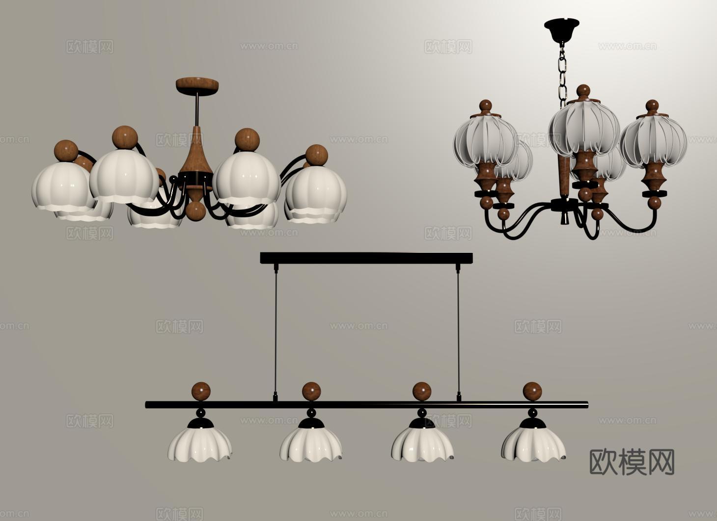 法式复古客厅吊灯 客厅主灯 餐厅吊灯 木质金属吊灯 多头吊灯su模型