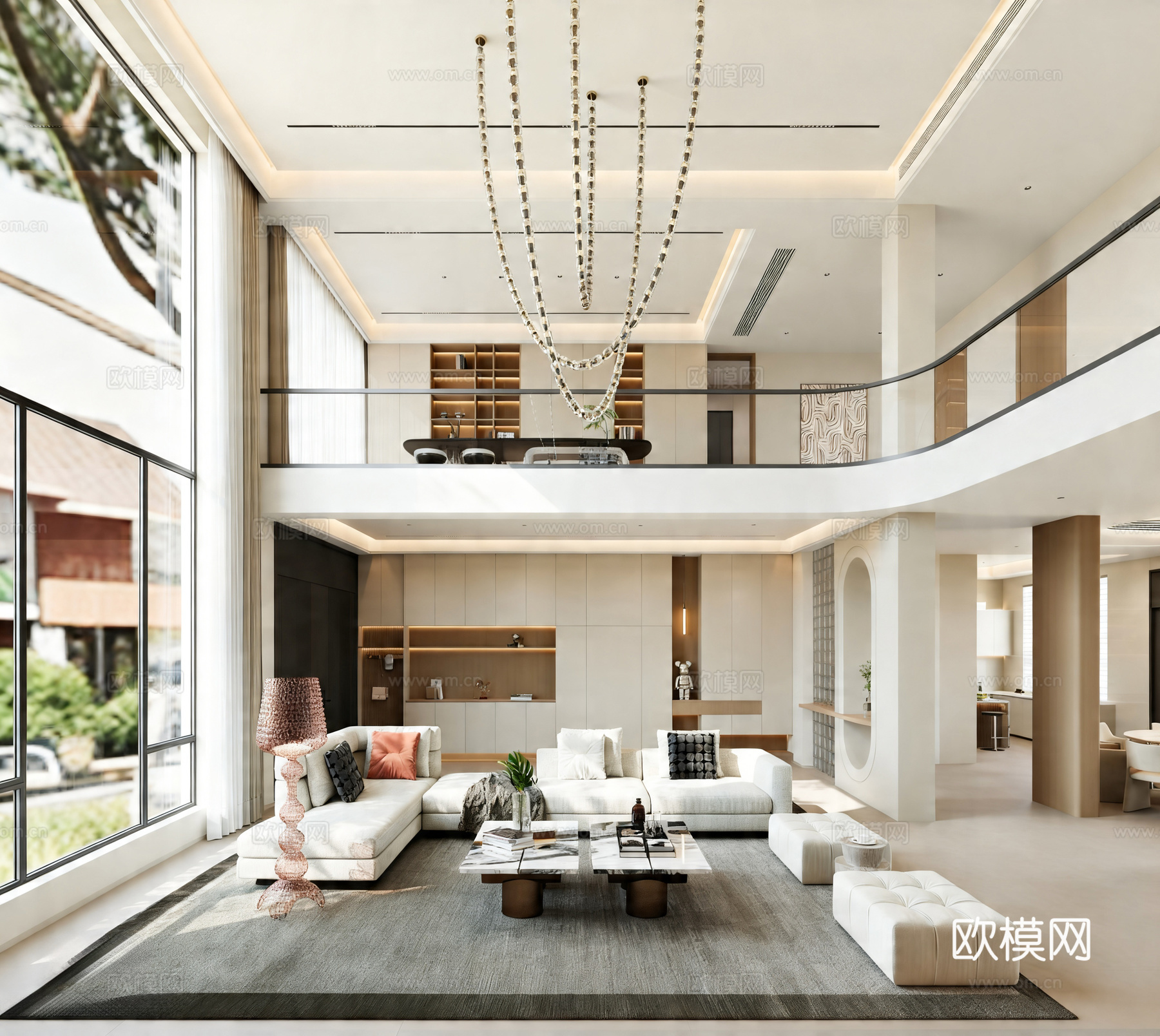 现代轻奢挑空客厅 现代挑空别墅3d模型