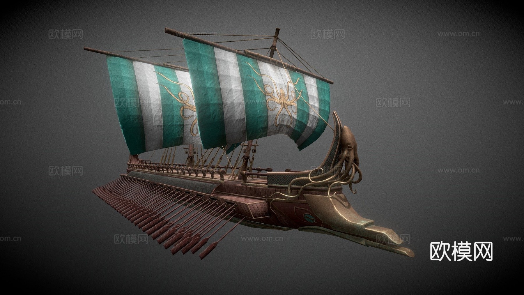 中多边形三列桨座战船su模型