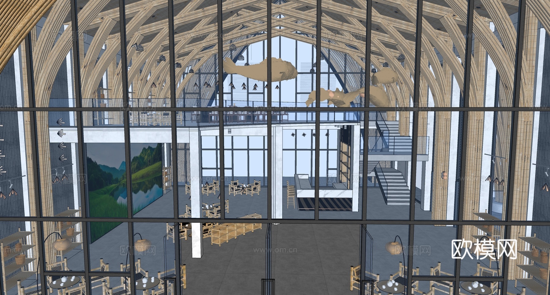 现代文化空间 竹文化展厅 竹桌椅组合su模型