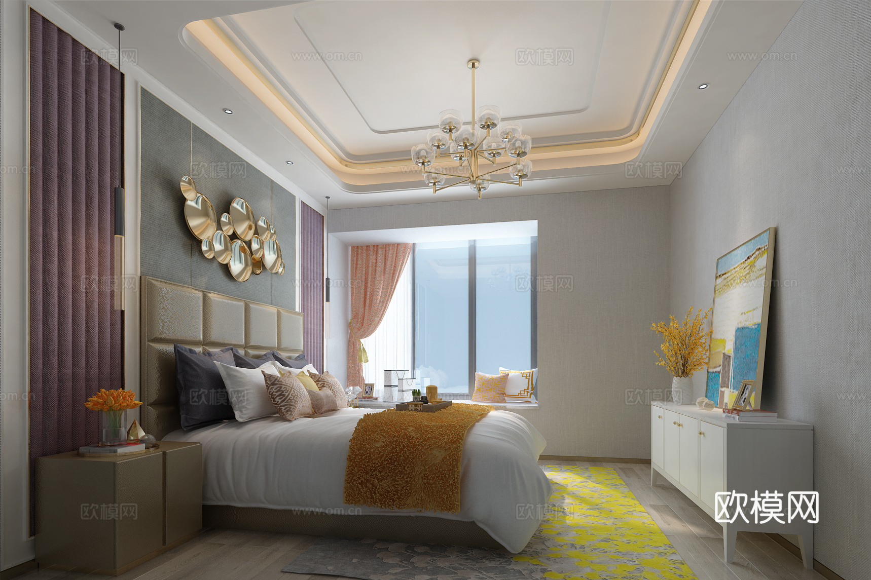 现代简约卧室  双人床 吊灯 床头柜3d模型
