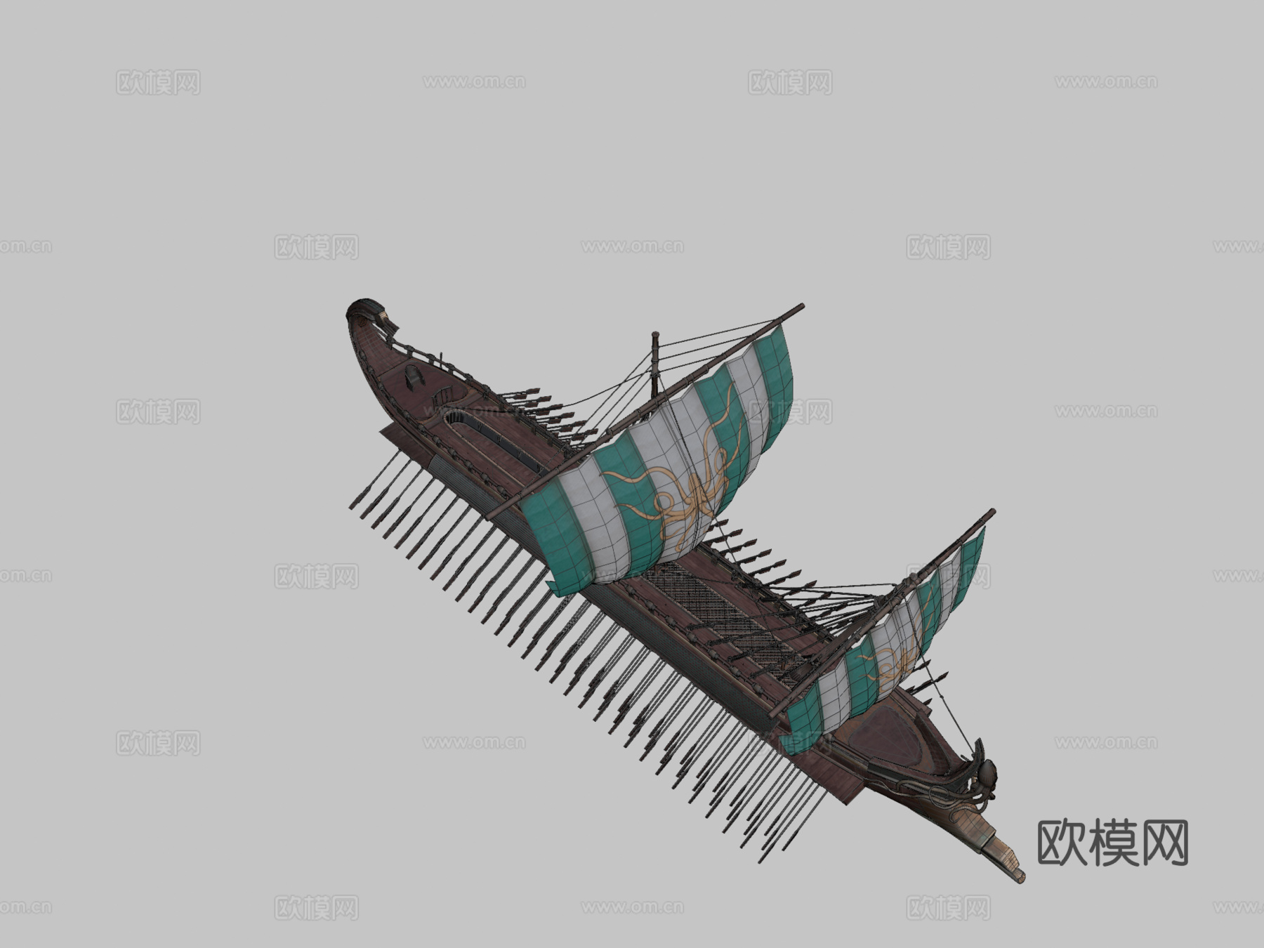 中多边形三列桨座战船su模型