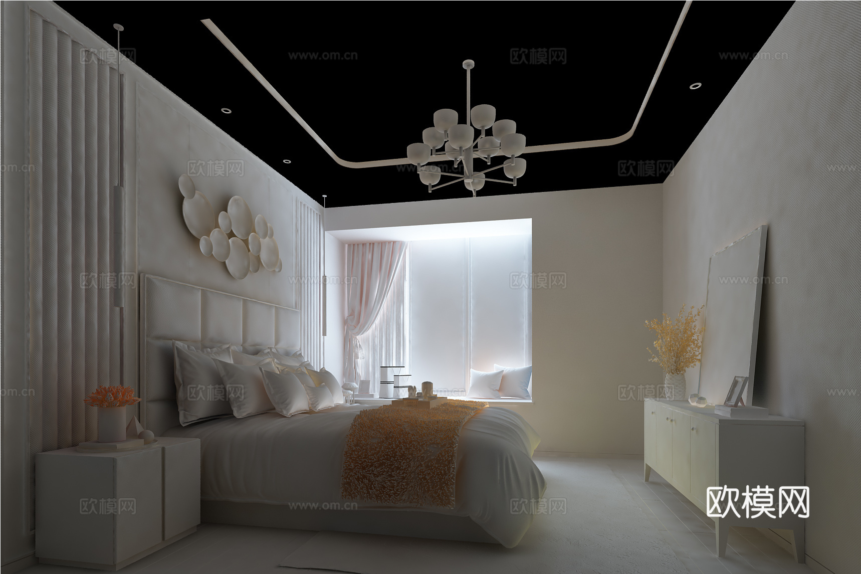 现代简约卧室  双人床 吊灯 床头柜3d模型