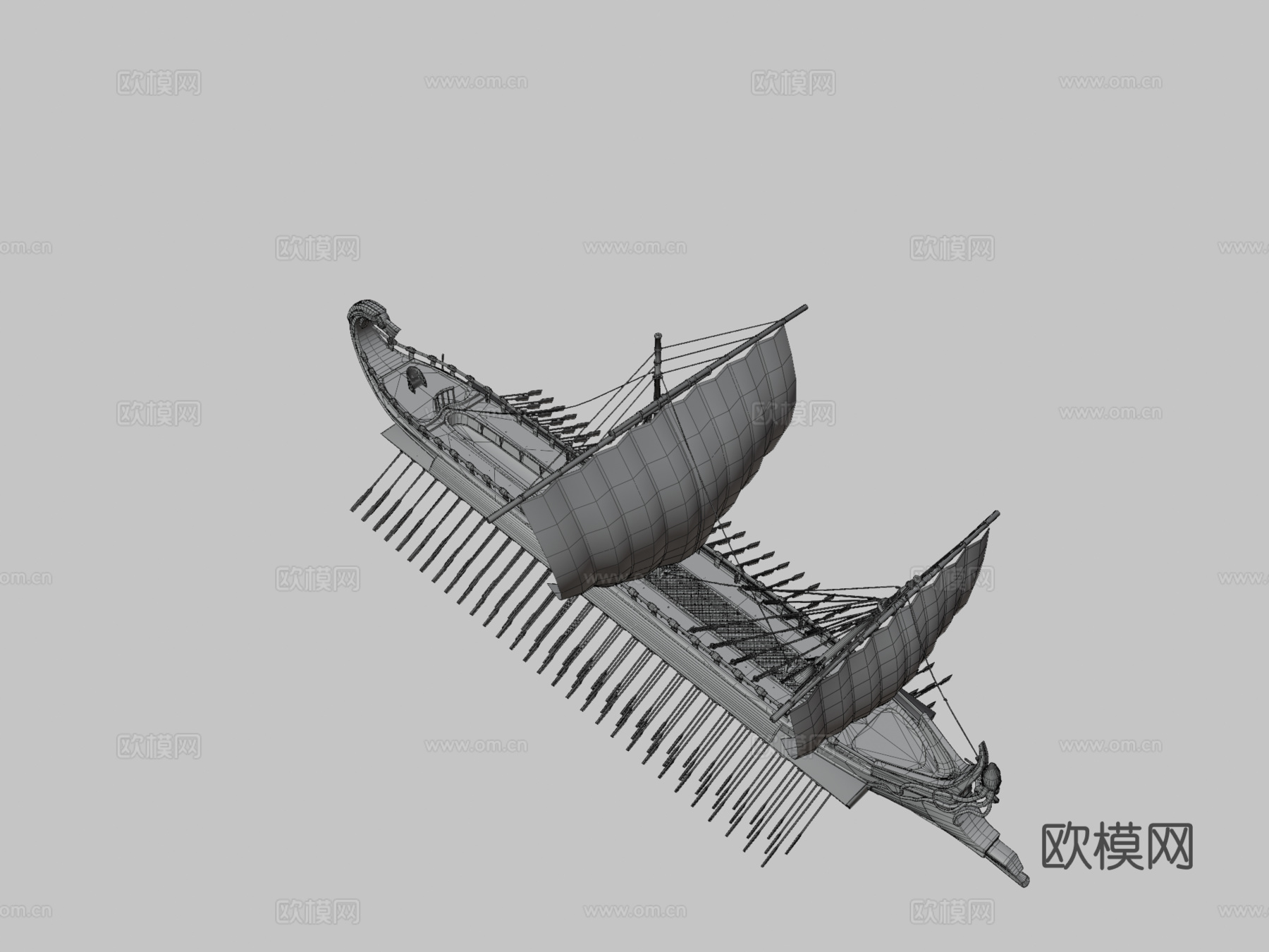 中多边形三列桨座战船su模型