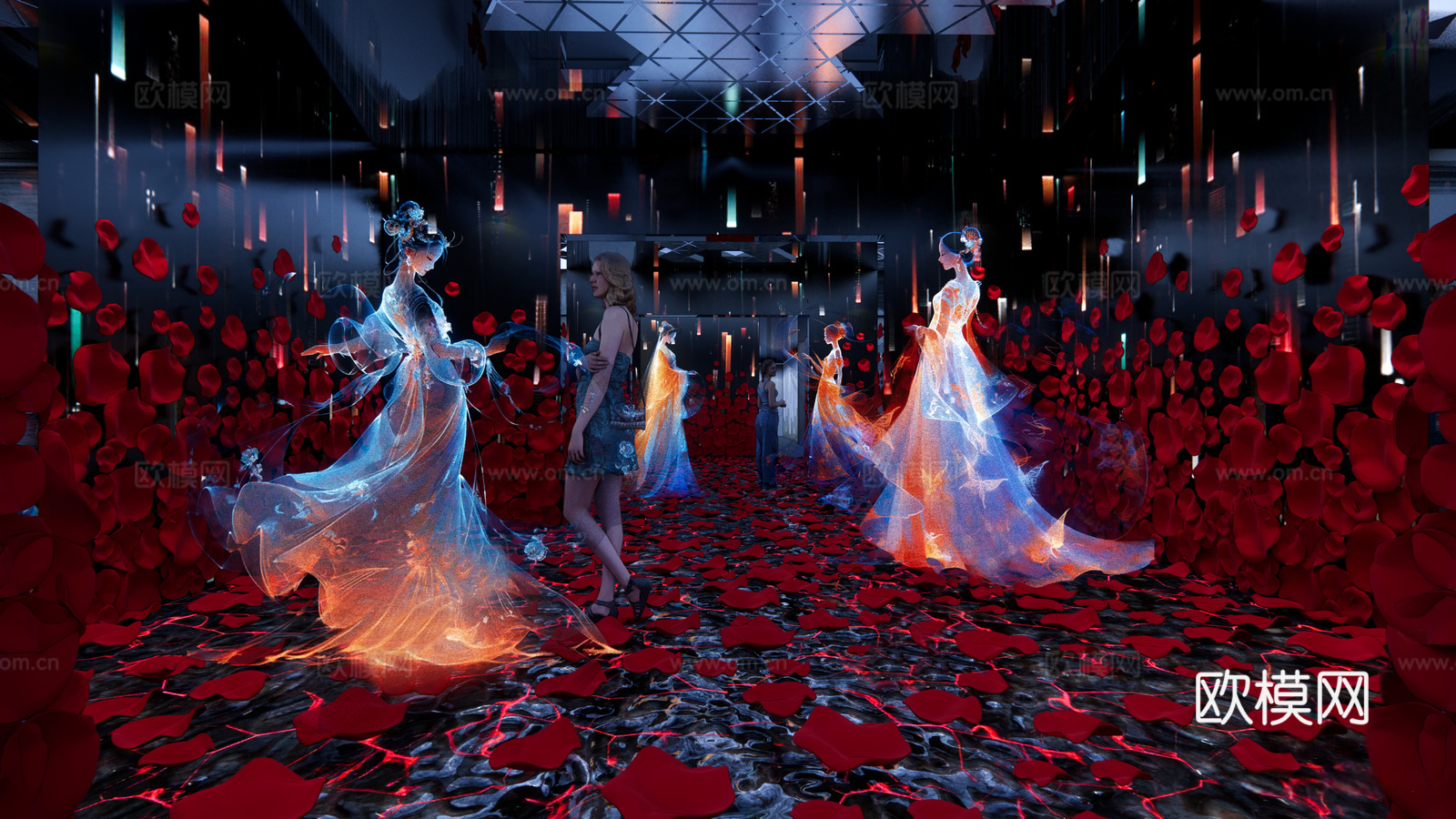 现代沉浸式展厅 全息投影 服饰 花瓣艺术馆su模型