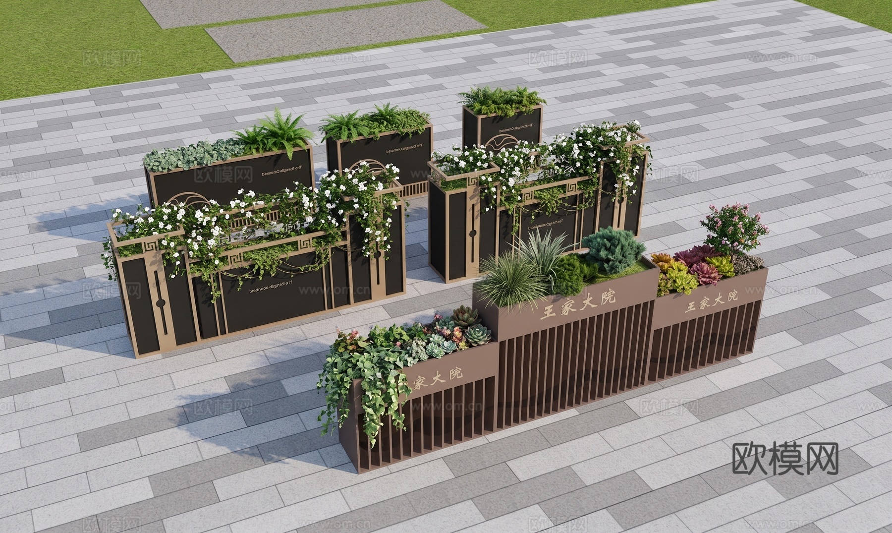 现代轻奢  新中式可移动花箱su模型