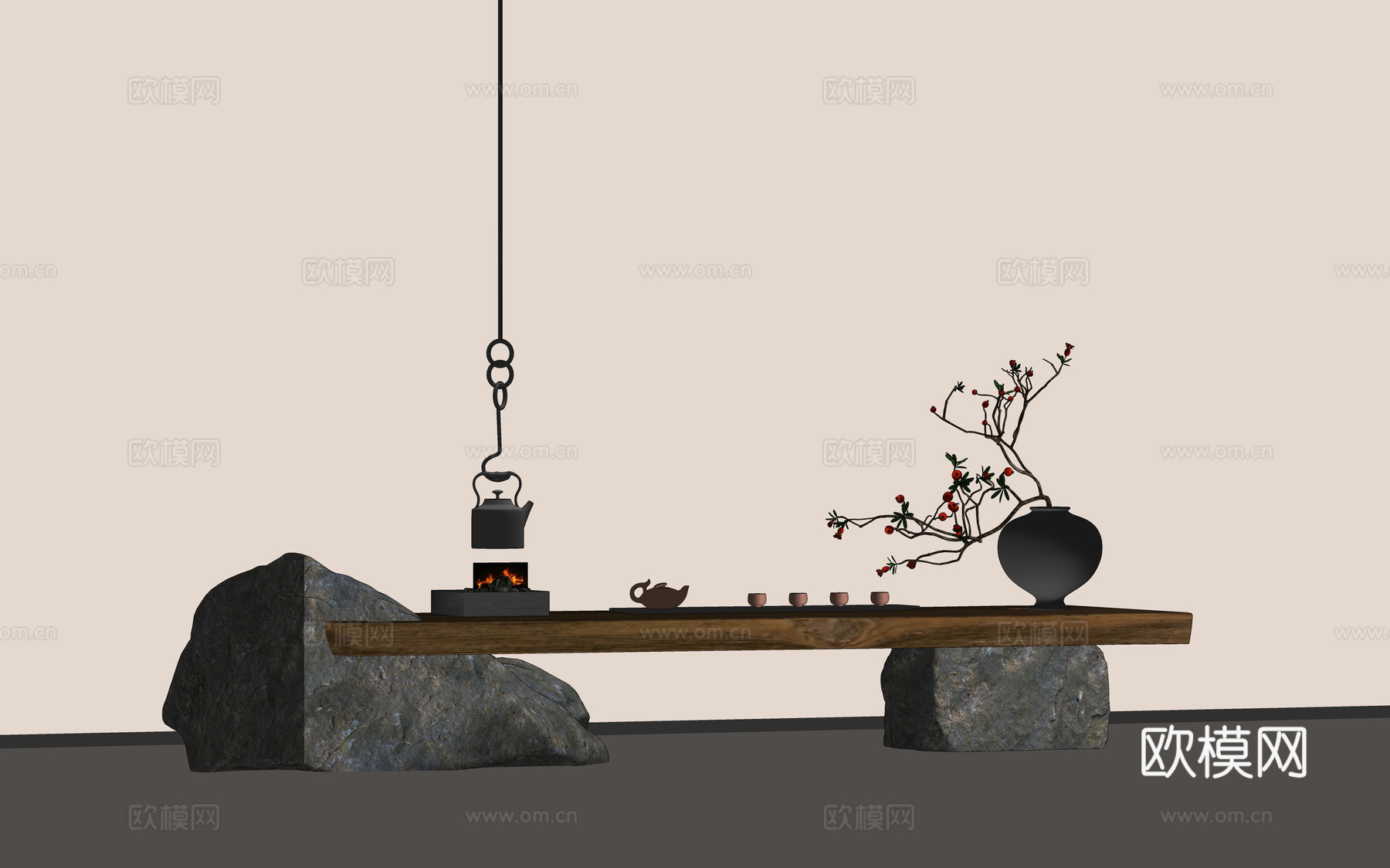 中式茶桌 中古风茶桌 实木茶桌 茶具组合su模型