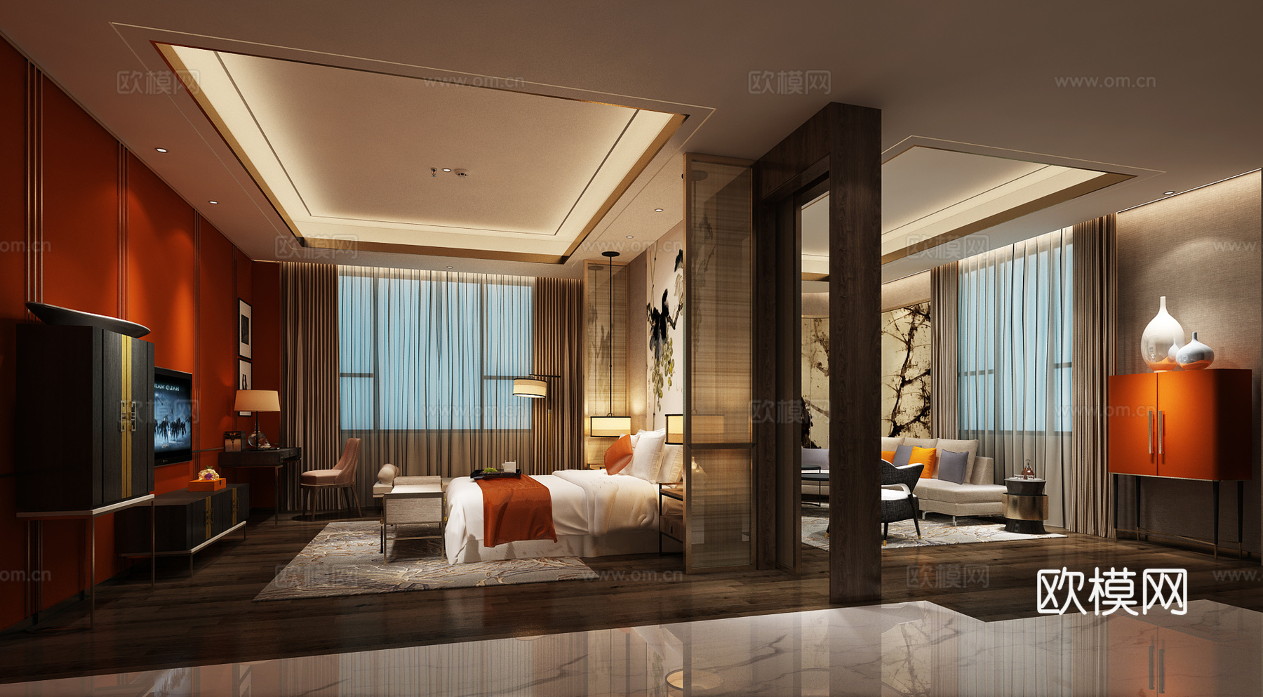 中式卧室 新中式 简约 沙发 茶几 组合 床 双人床3d模型