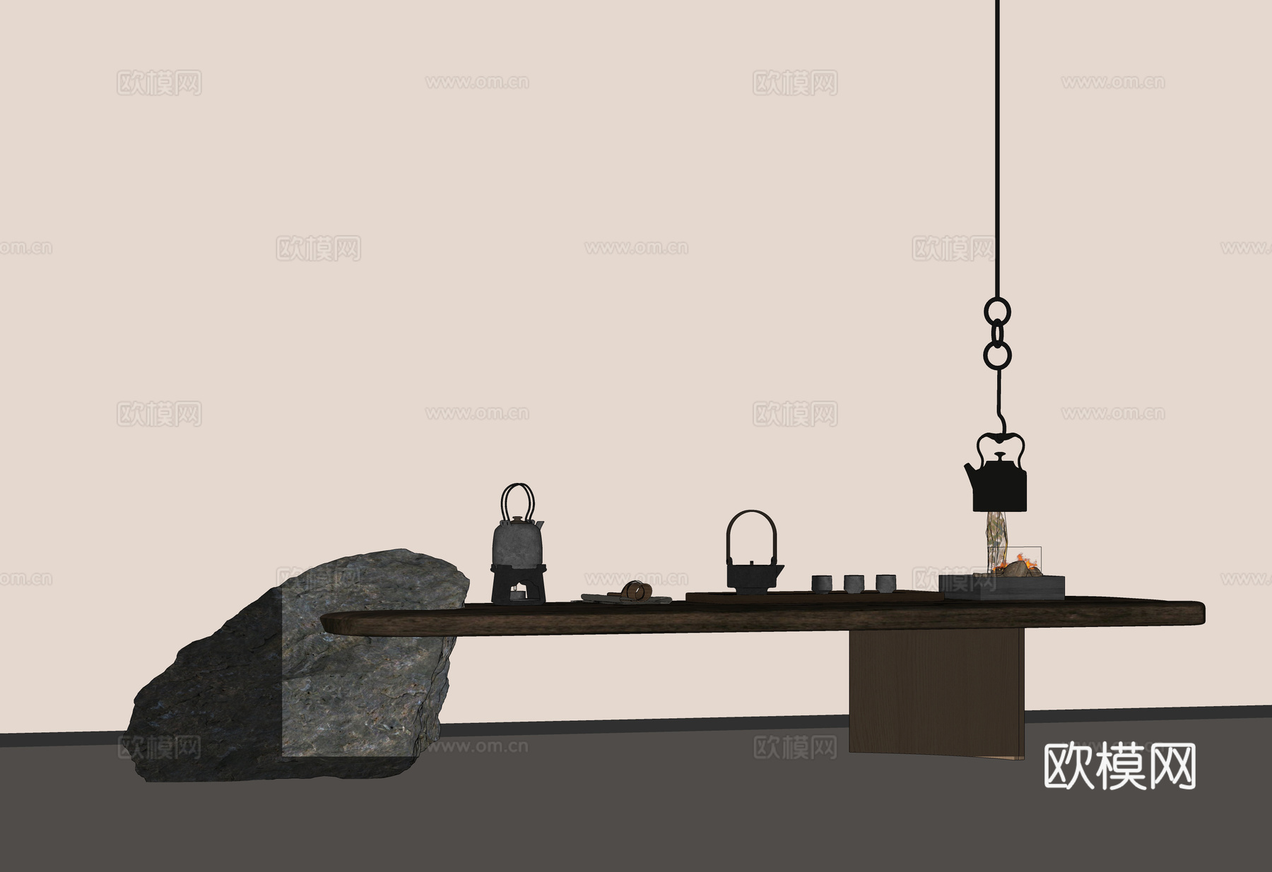 中式茶桌 中古风茶桌 实木茶桌 茶具组合su模型