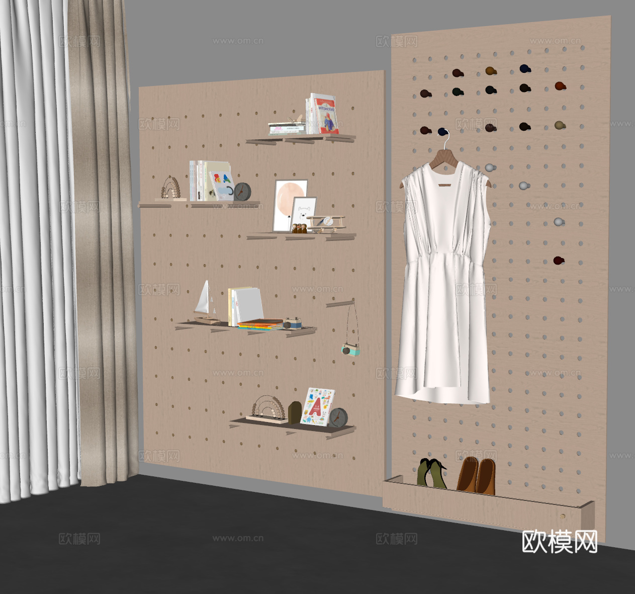 现代 洞洞板 书架 洞洞板书架 洞洞板挂衣钩 书本 墙饰挂件su模型