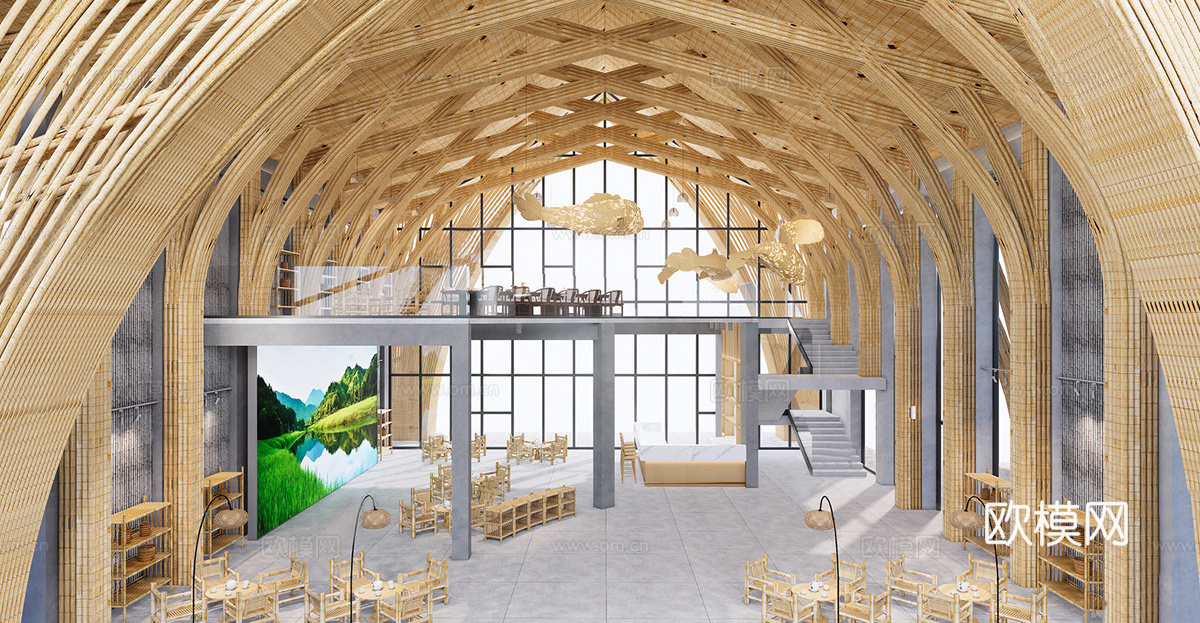 现代文化空间 竹文化展厅 竹桌椅组合su模型