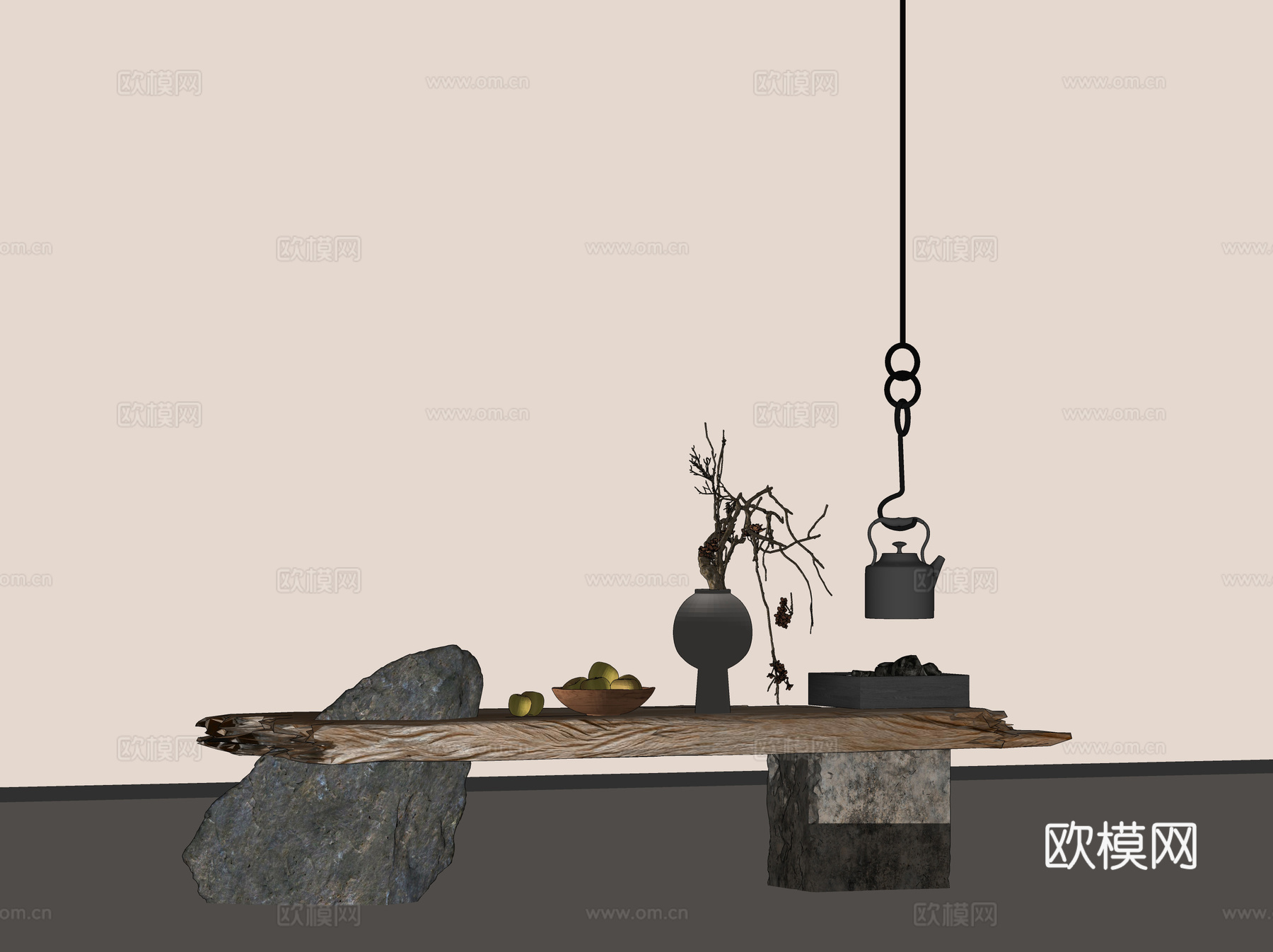 中式茶桌 中古风茶桌 实木茶桌 茶具组合su模型