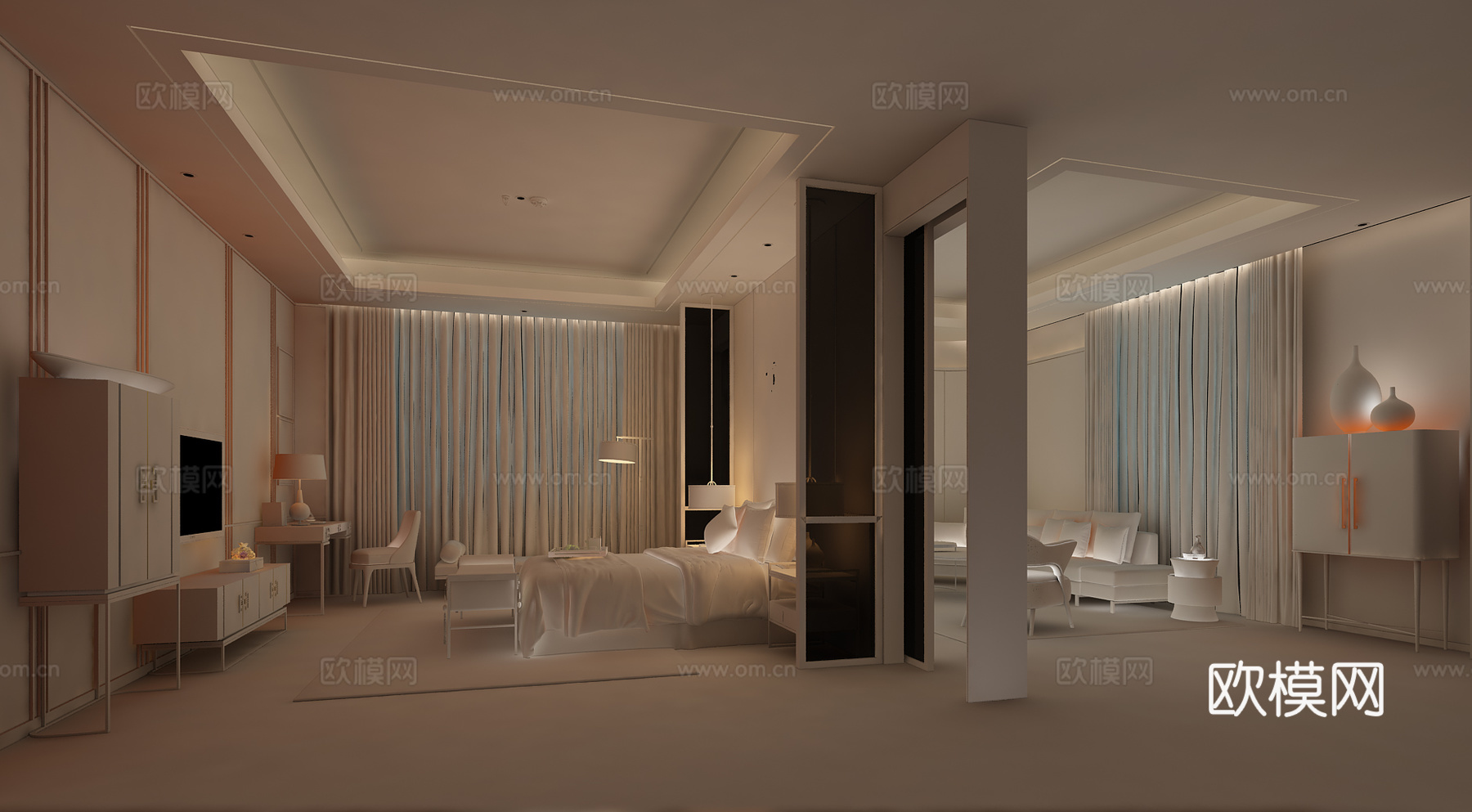 中式卧室 新中式 简约 沙发 茶几 组合 床 双人床3d模型