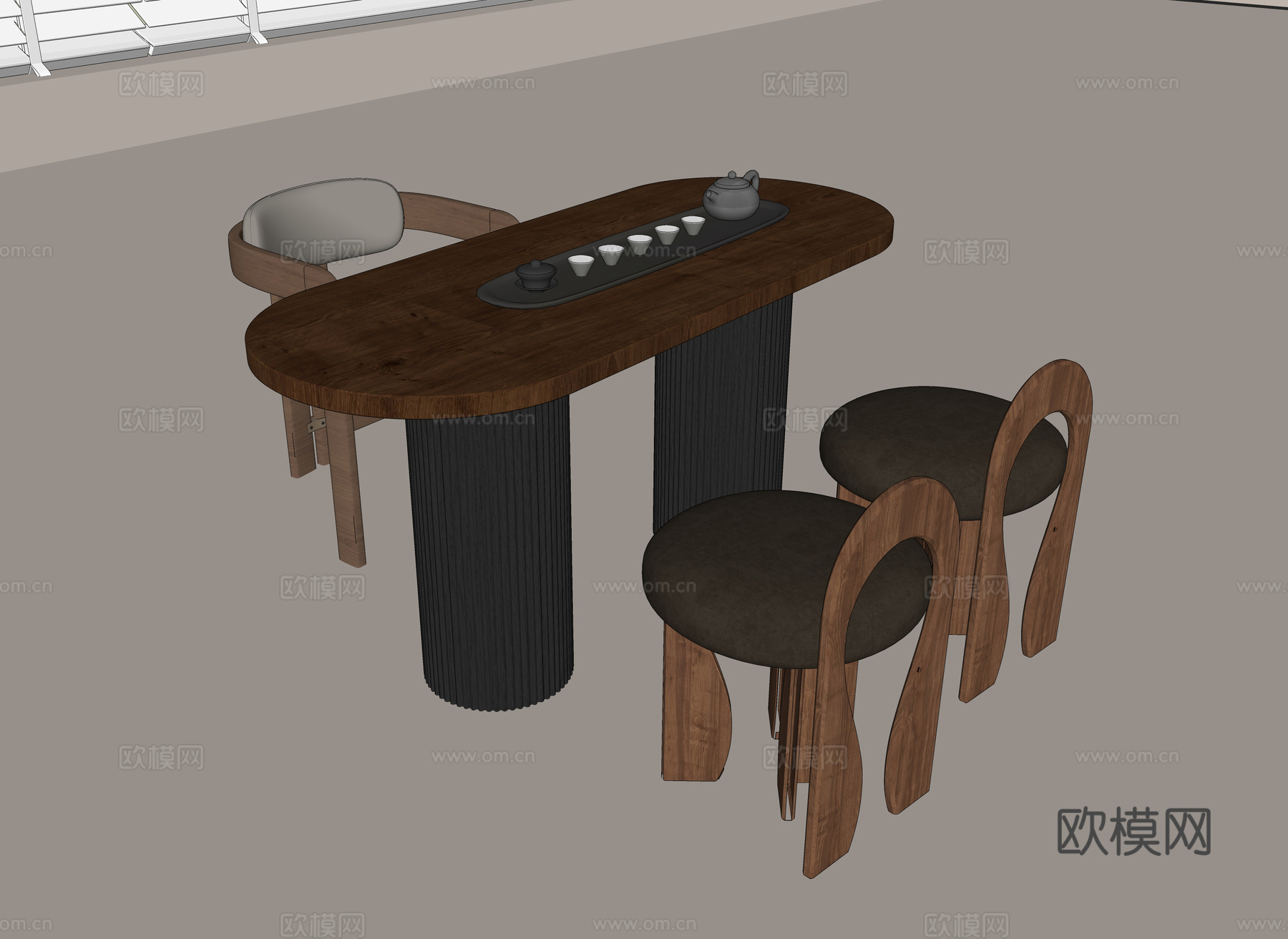 现代茶桌椅组合 原木茶桌 实木茶桌 实木单椅 茶具组合su模型