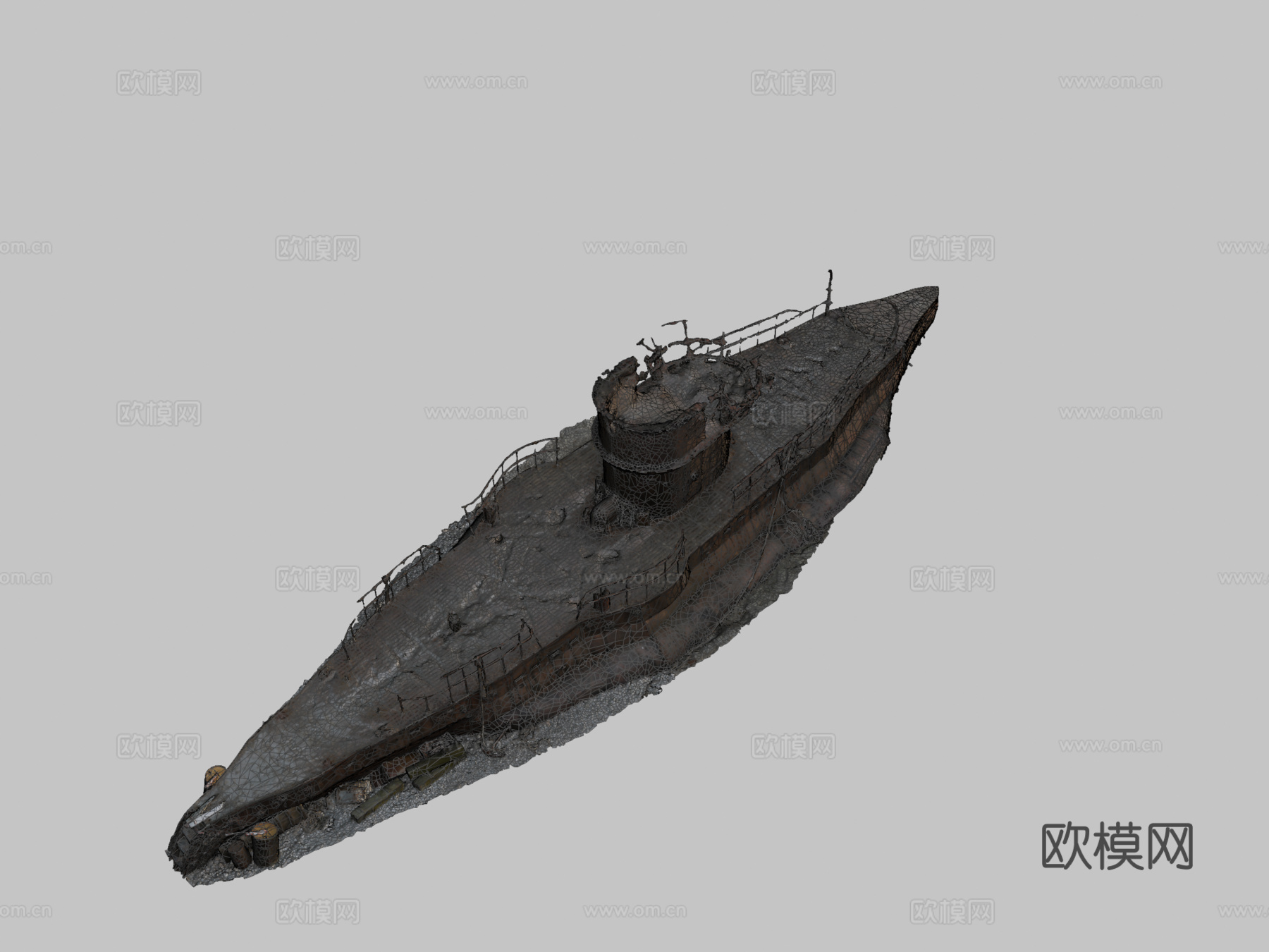 搁浅旧潜艇PBR扫描su模型