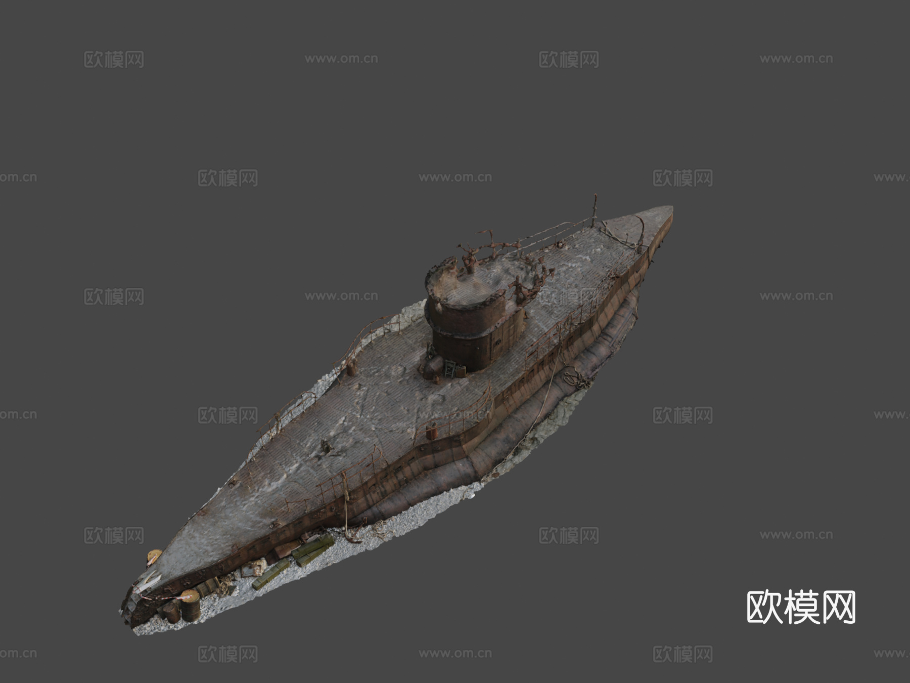 搁浅旧潜艇PBR扫描su模型