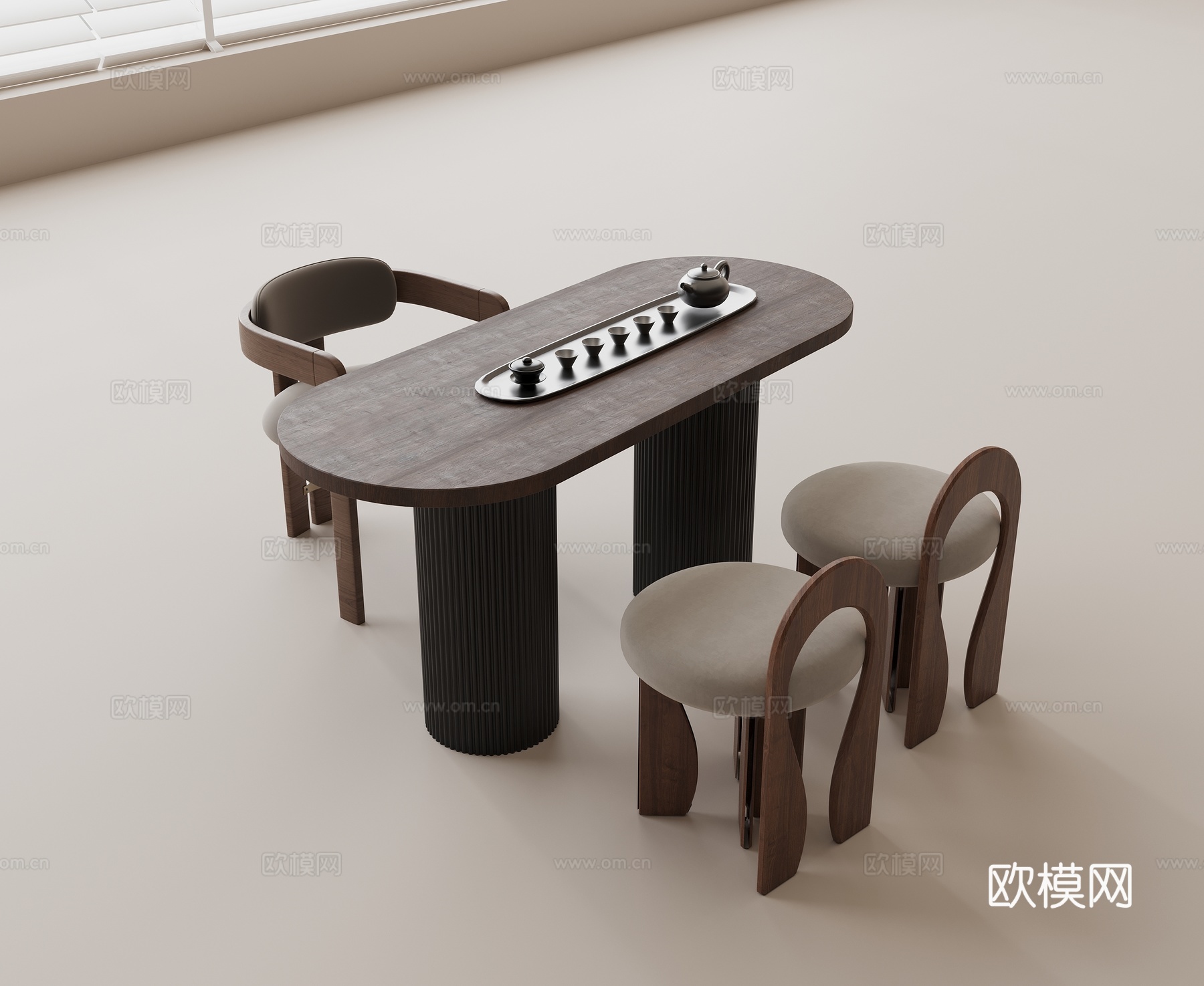 现代茶桌椅组合 原木茶桌 实木茶桌 实木单椅 茶具组合su模型