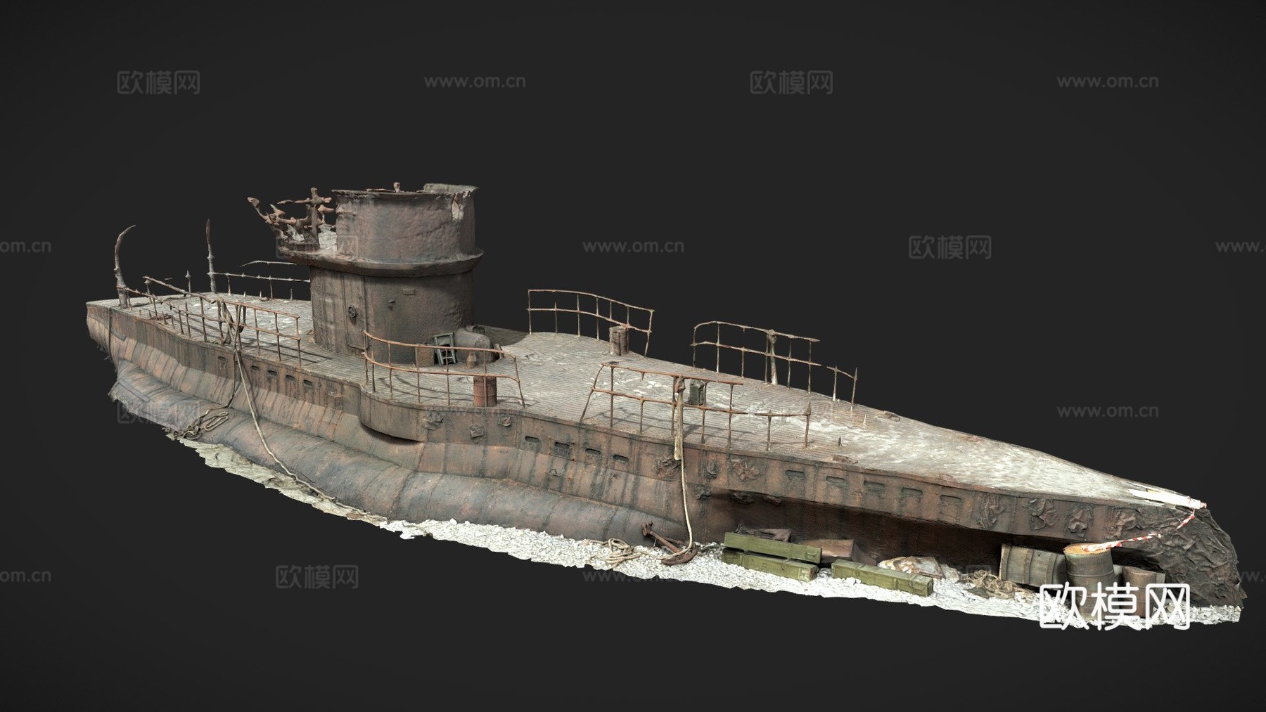 搁浅旧潜艇PBR扫描su模型