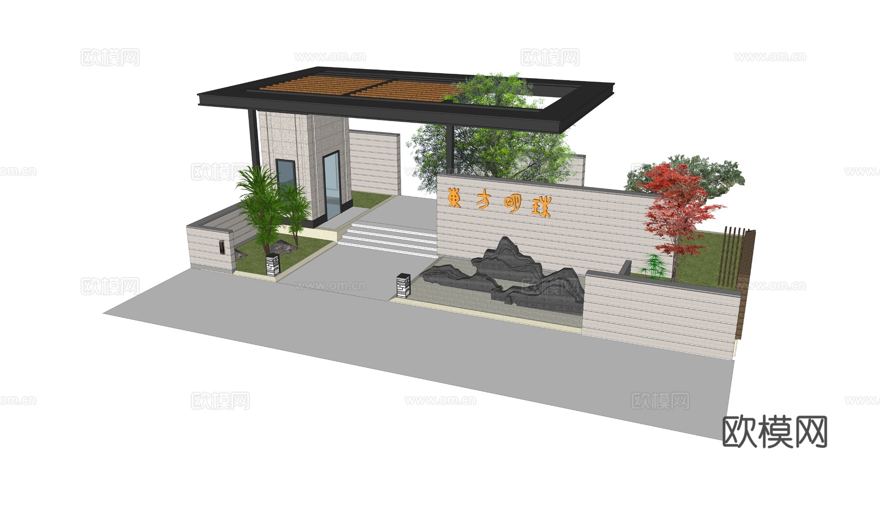 新中式入口大门su模型