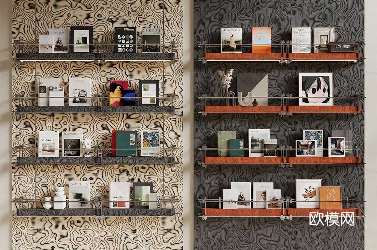 现代中古书架 落地书架 置物架  饰品摆件su模型