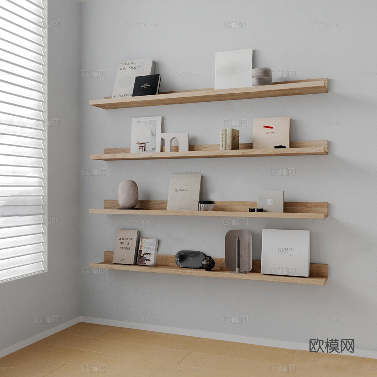 现代书架 层板架 壁挂书架 书籍饰品摆件  置物架su模型