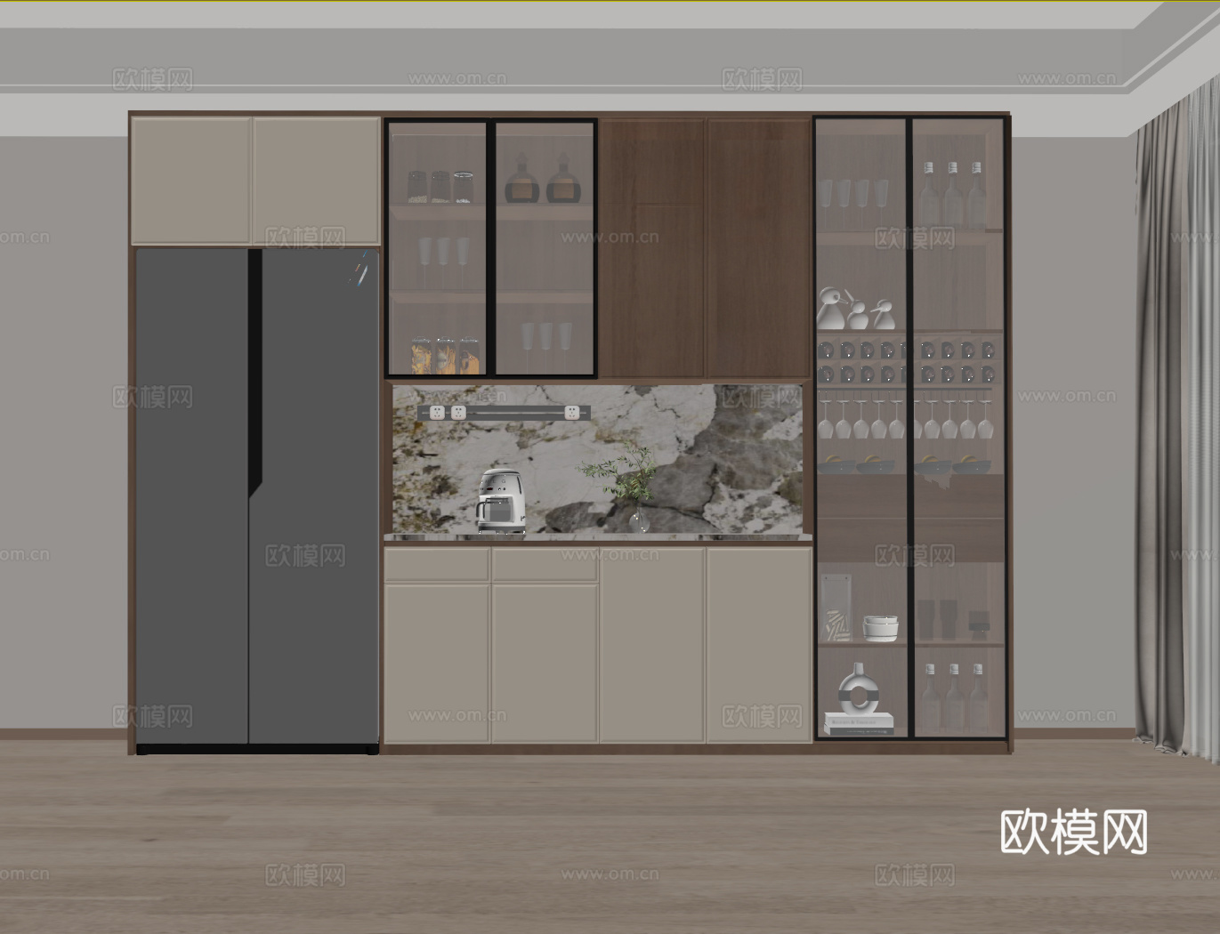 中古风酒柜 餐边柜 玻璃酒柜 半开放柜su模型