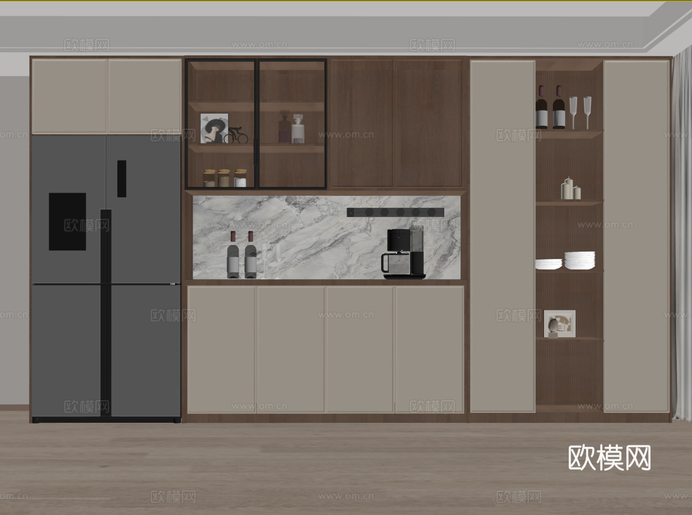 中古风酒柜 餐边柜 玻璃酒柜 半开放柜su模型