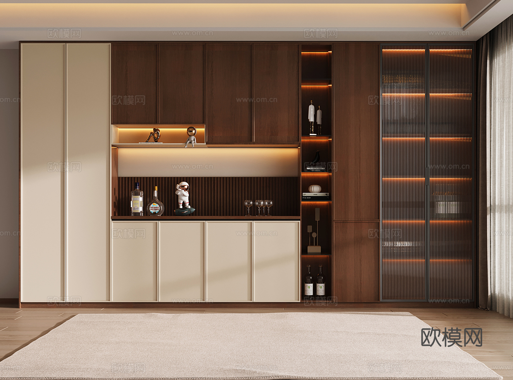 中古风酒柜 餐边柜 玻璃酒柜 半开放柜su模型