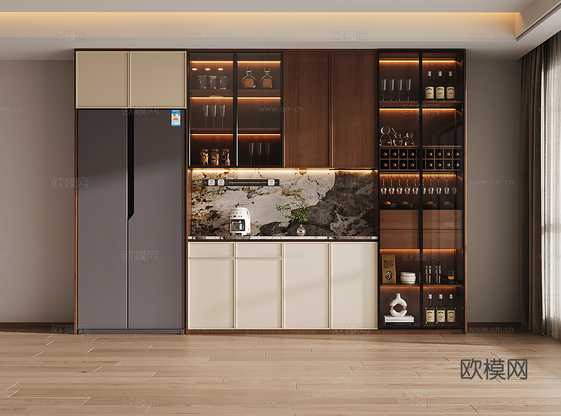 中古风酒柜 餐边柜 玻璃酒柜 半开放柜su模型
