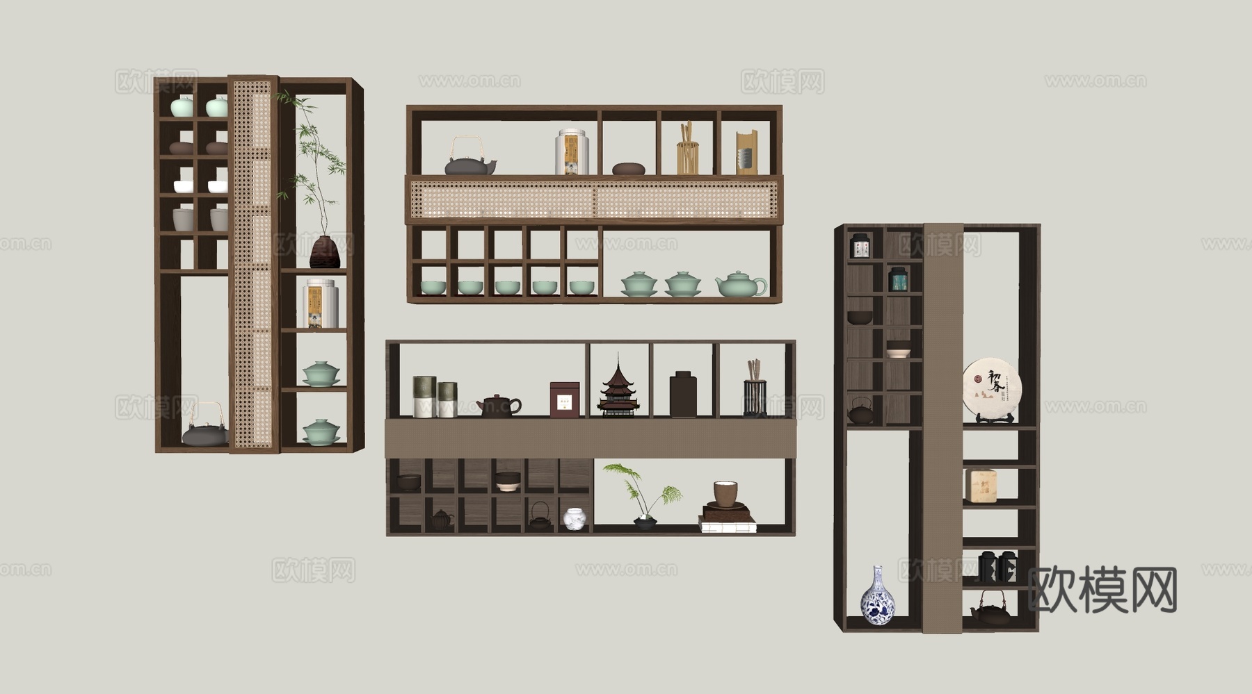 新中式置物架 多宝阁 茶杯 摆件饰品su模型