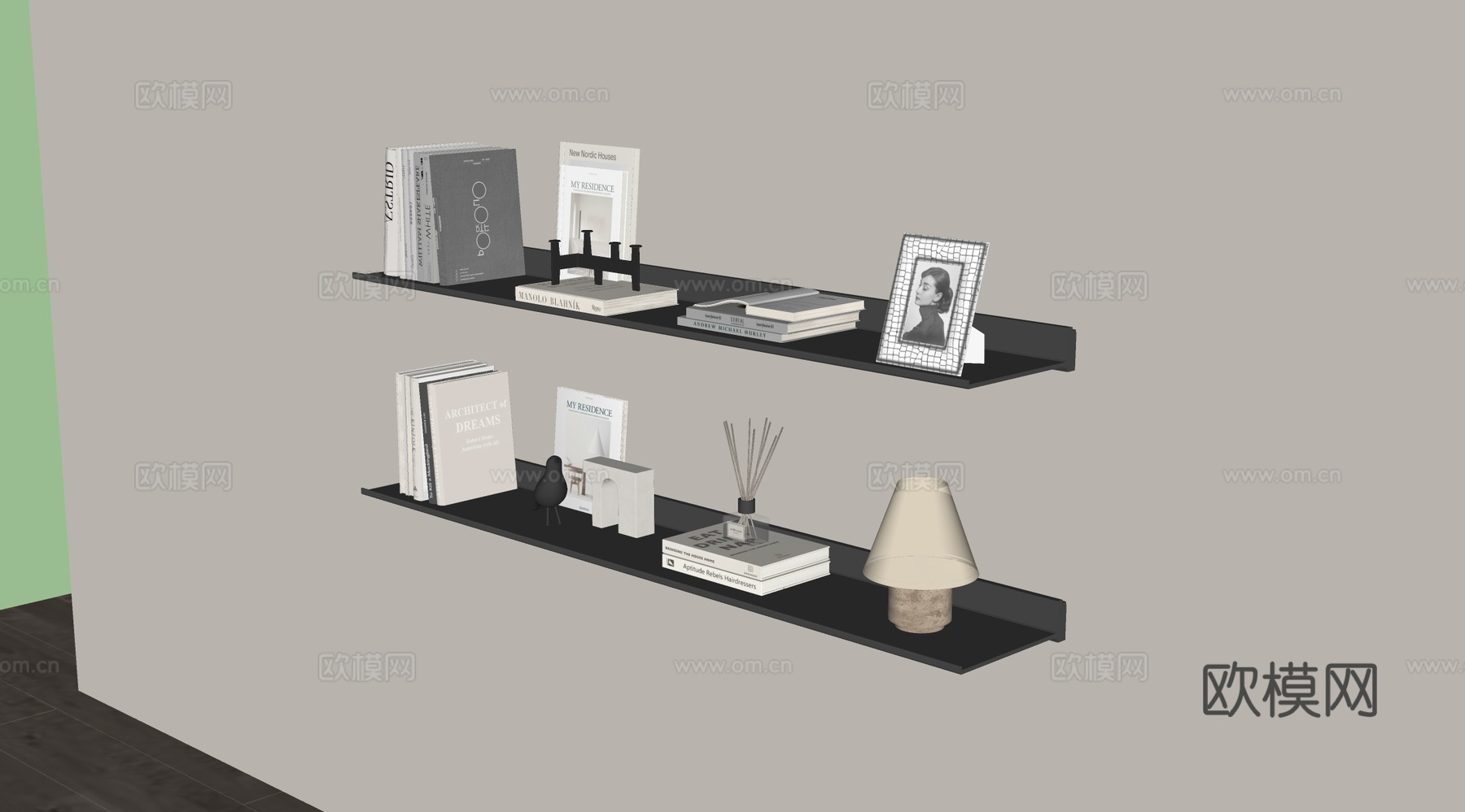 现代创意简约书架 金属发光层板 置物架 摆件饰品su模型