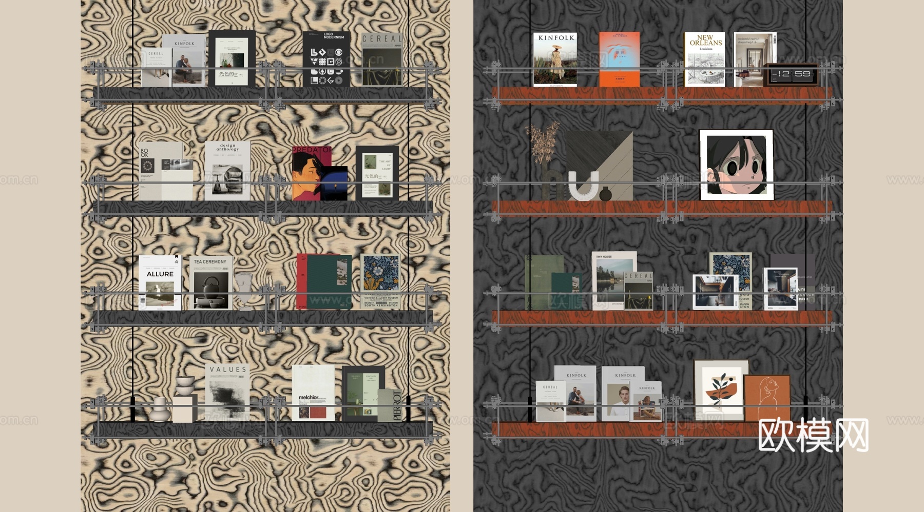 现代中古书架 落地书架 置物架  饰品摆件su模型