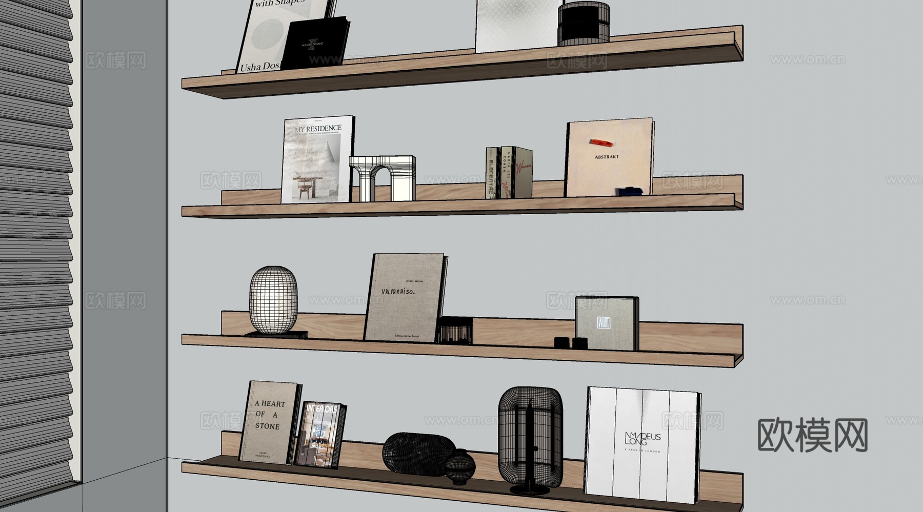 现代书架 层板架 壁挂书架 书籍饰品摆件  置物架su模型