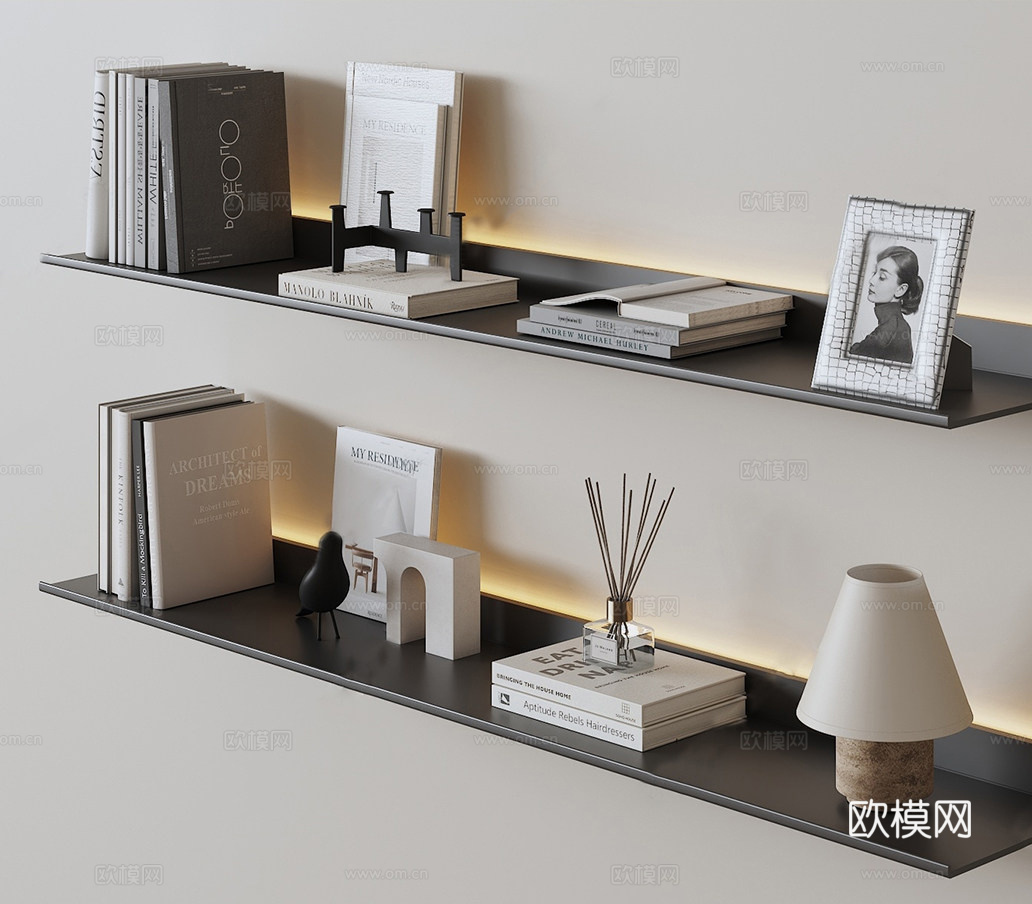 现代创意简约书架 简约金属发光层板 置物架su模型