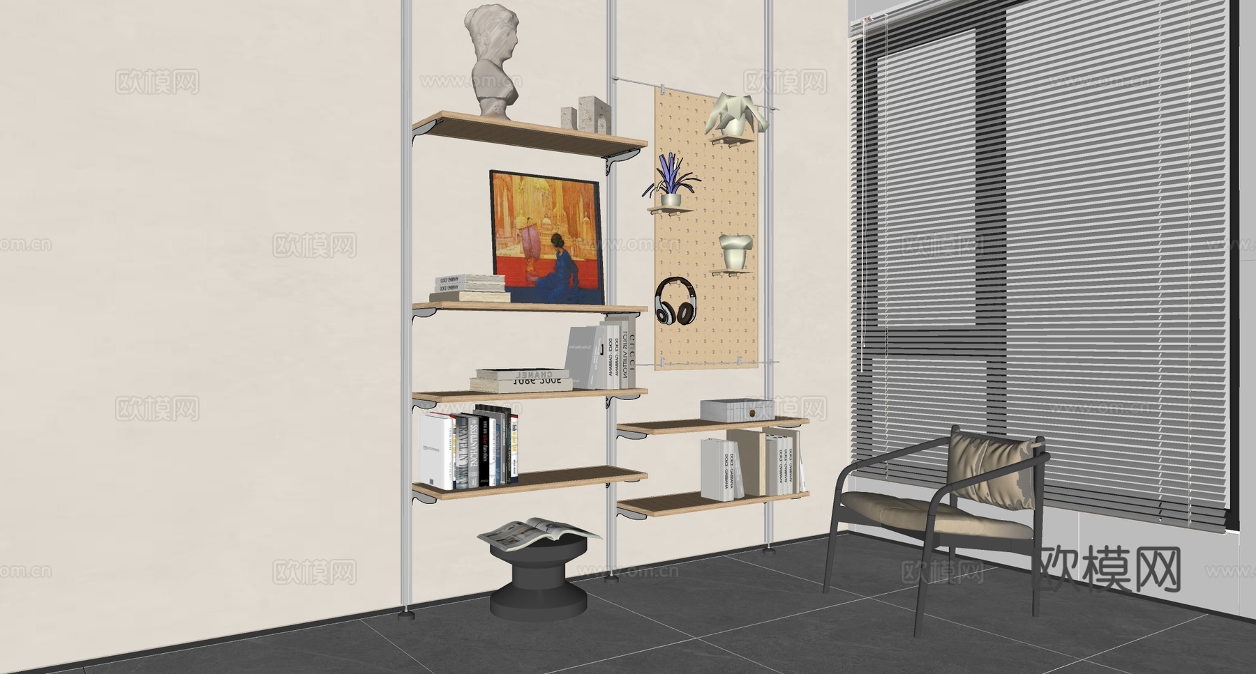 现代置物架 极简书架 椅子 百叶 摆件饰品su模型