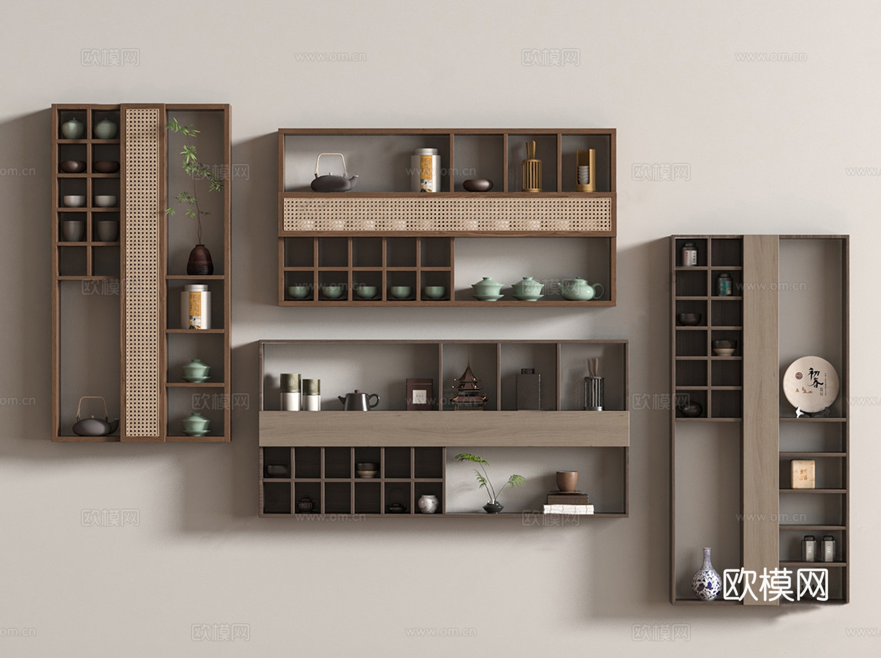 新中式置物架 多宝阁 茶杯 摆件饰品su模型