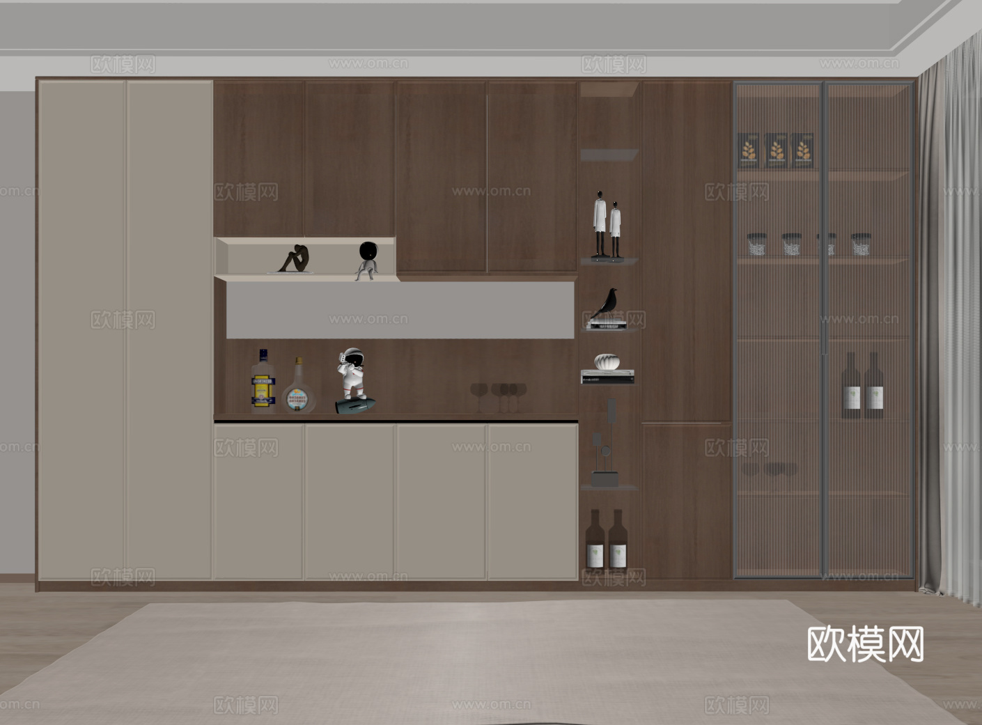 中古风酒柜 餐边柜 玻璃酒柜 半开放柜su模型