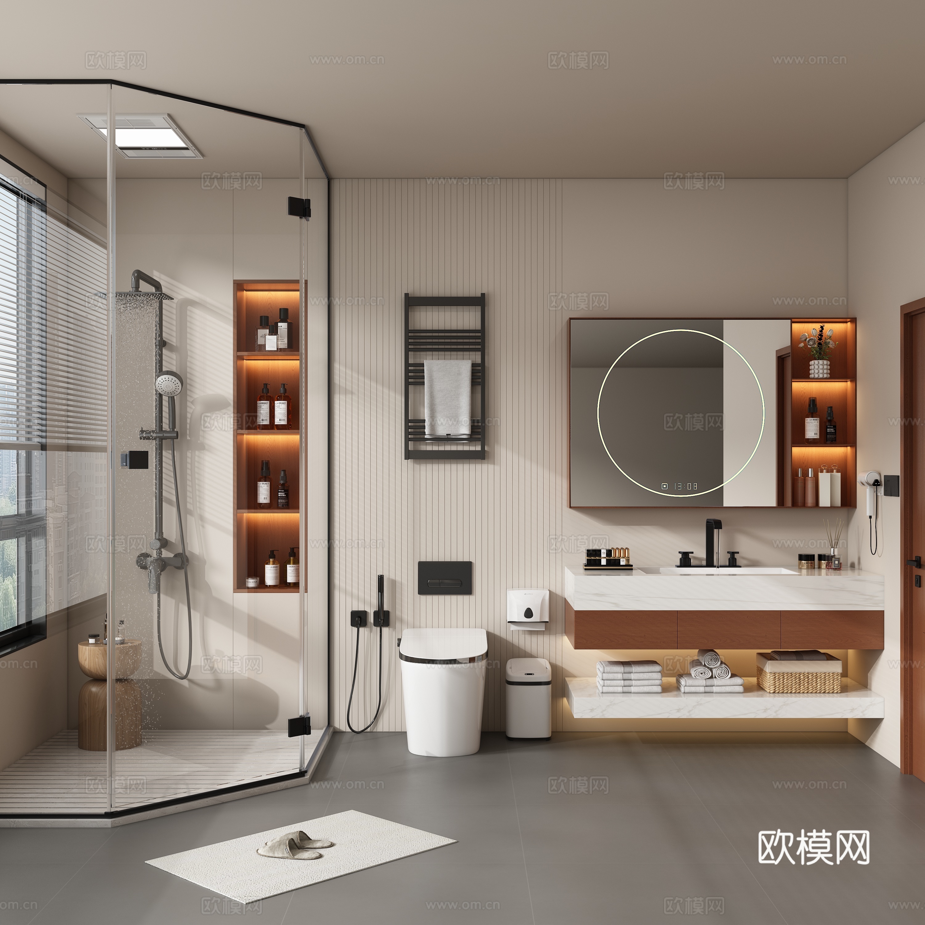 中古风卫生间 浴室柜 马桶 花洒 干湿分离浴室3d模型