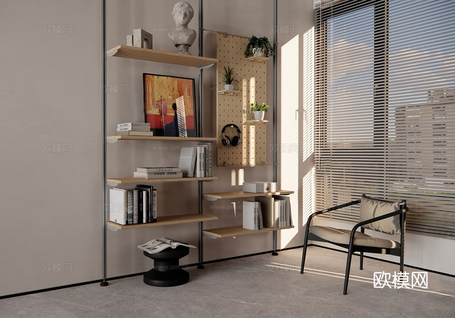 现代置物架 极简书架 椅子 百叶 摆件饰品su模型