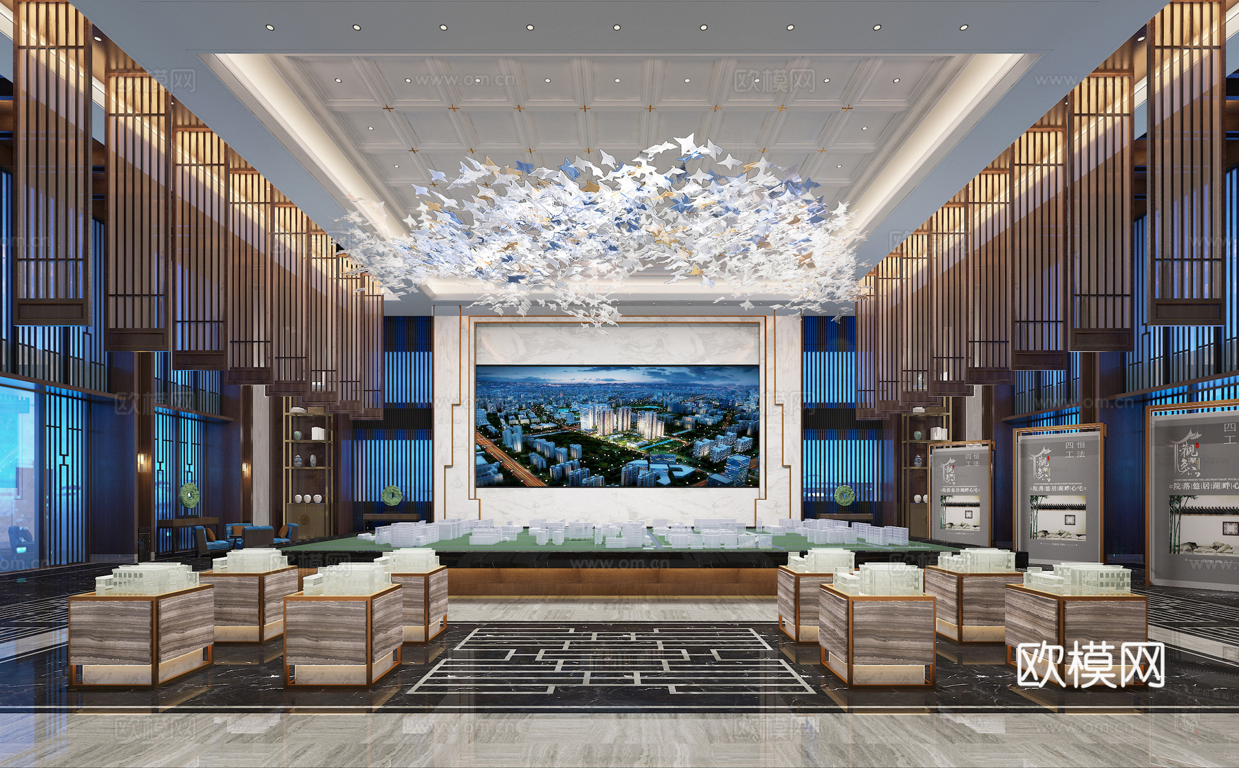 新中式售楼处沙盘区3d模型下载（渲染图1）