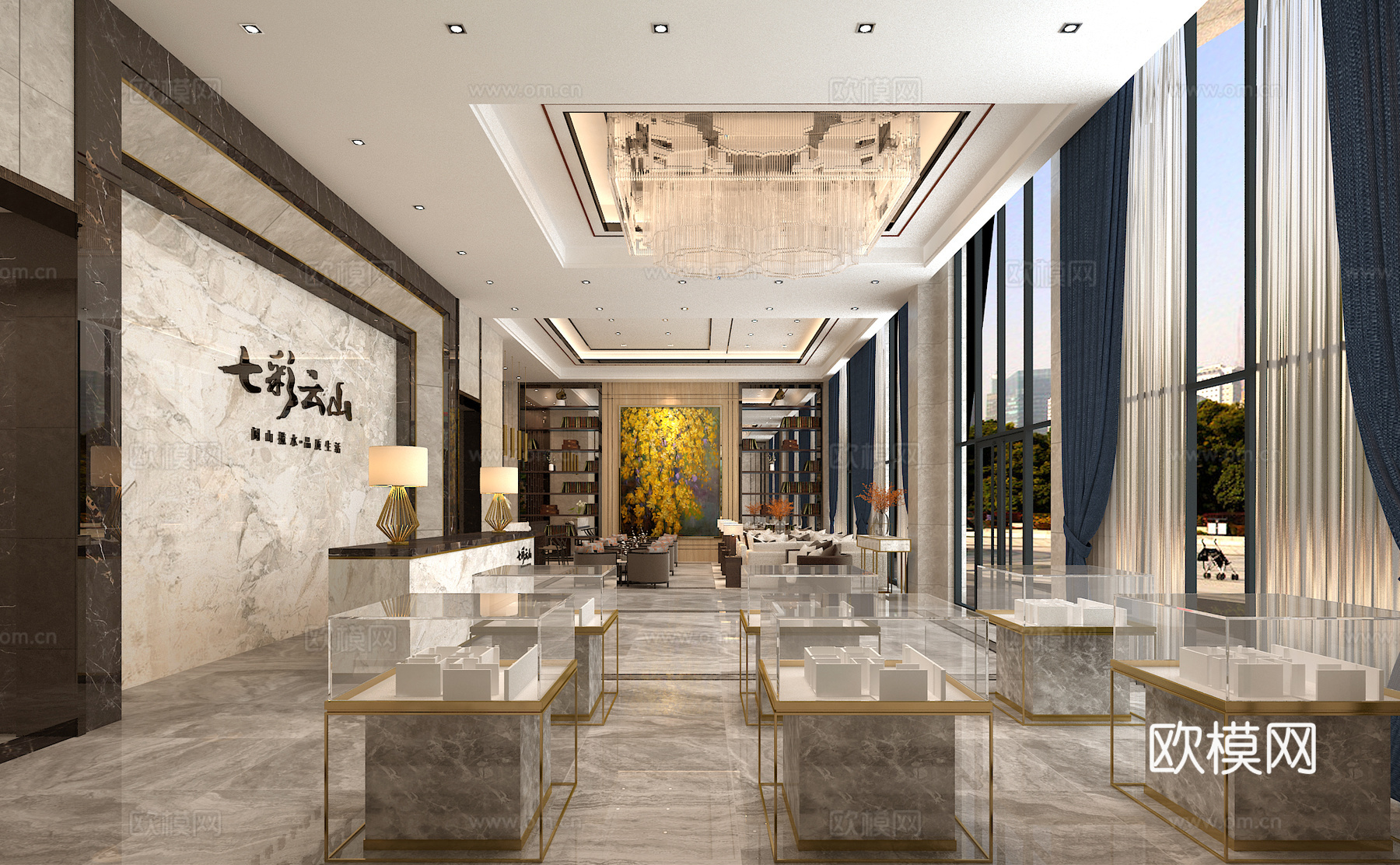 新中式售楼处 休闲茶座 沙盘中式吊灯3d模型下载（渲染图1）