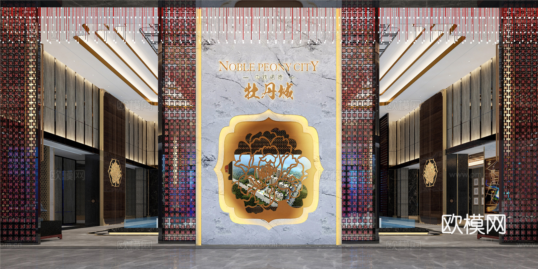 新中式售楼处大堂及沙盘区模型3d模型下载（渲染图1）