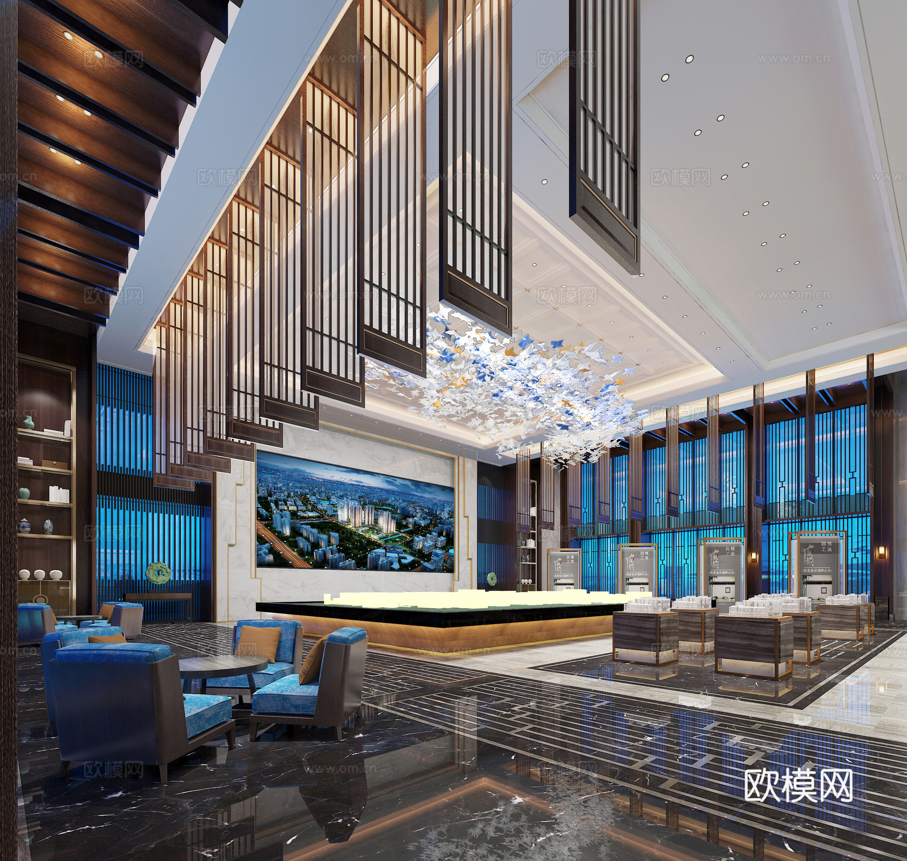 新中式售楼处沙盘区3d模型下载（渲染图3）