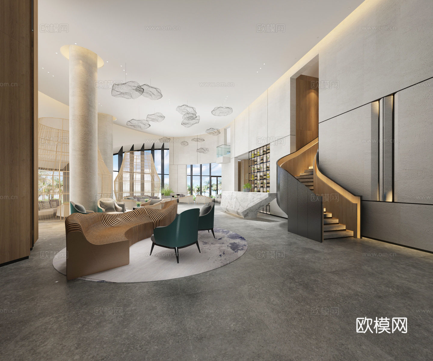现代售楼处大堂 吊灯 沙发 休闲厅 前台 楼梯 酒柜3d模型下载（渲染图1）