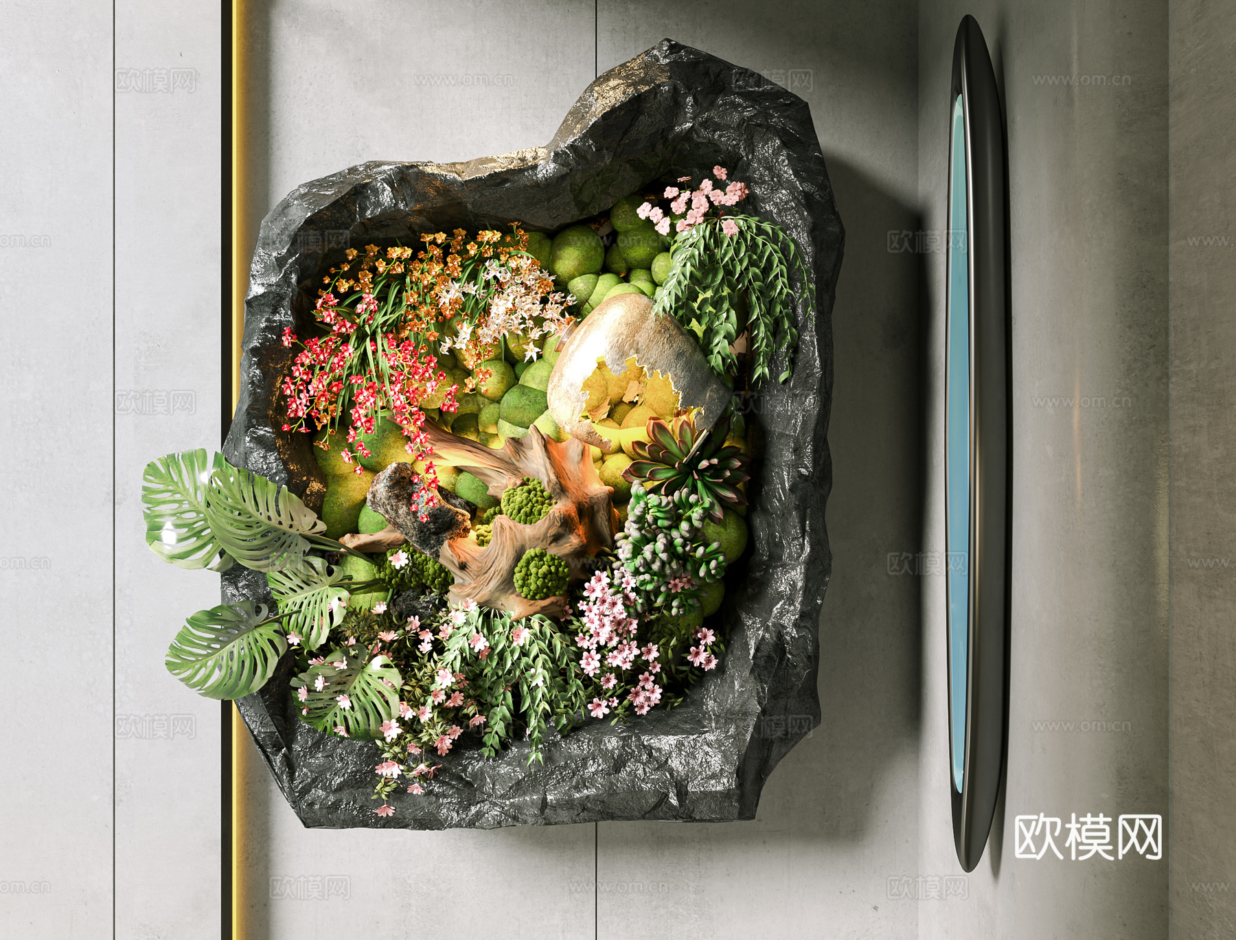 现代绿植挂件 石材绿植 植物墙饰 艺术装置 植物墙 墙饰挂件su模型下载（渲染图1）