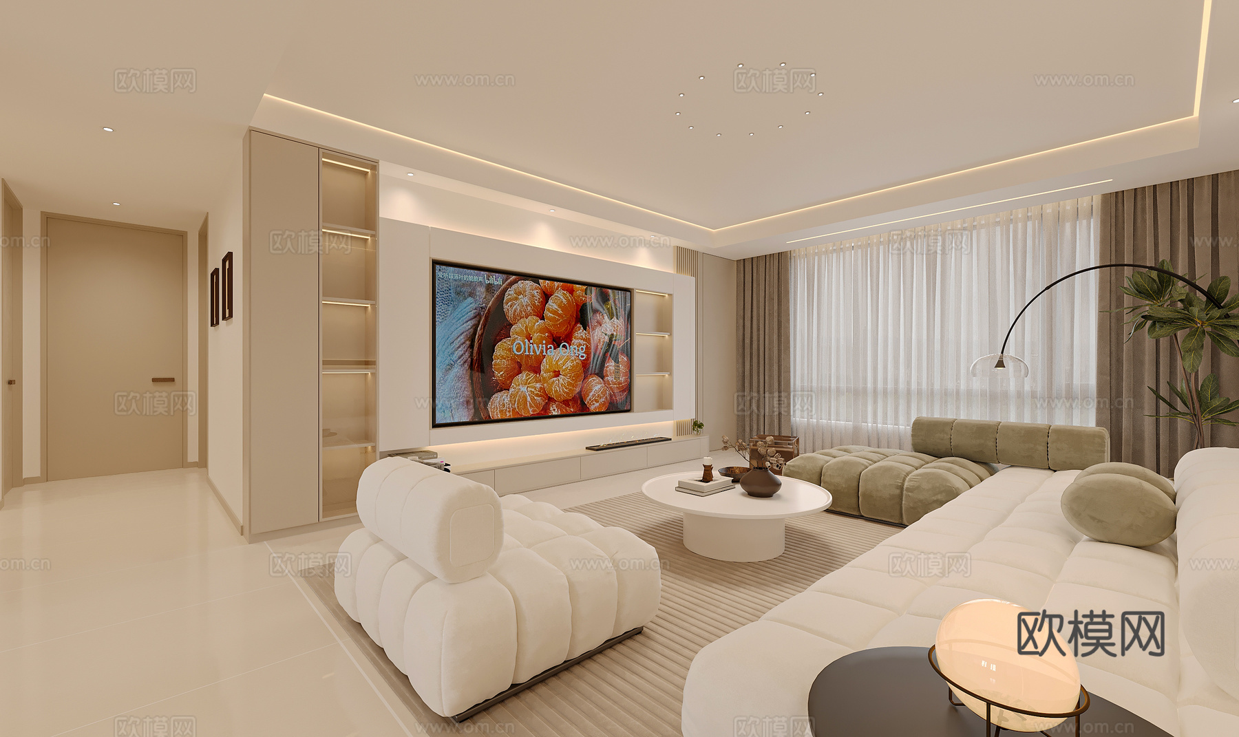 现代奶油客餐厅3d模型下载（渲染图1）